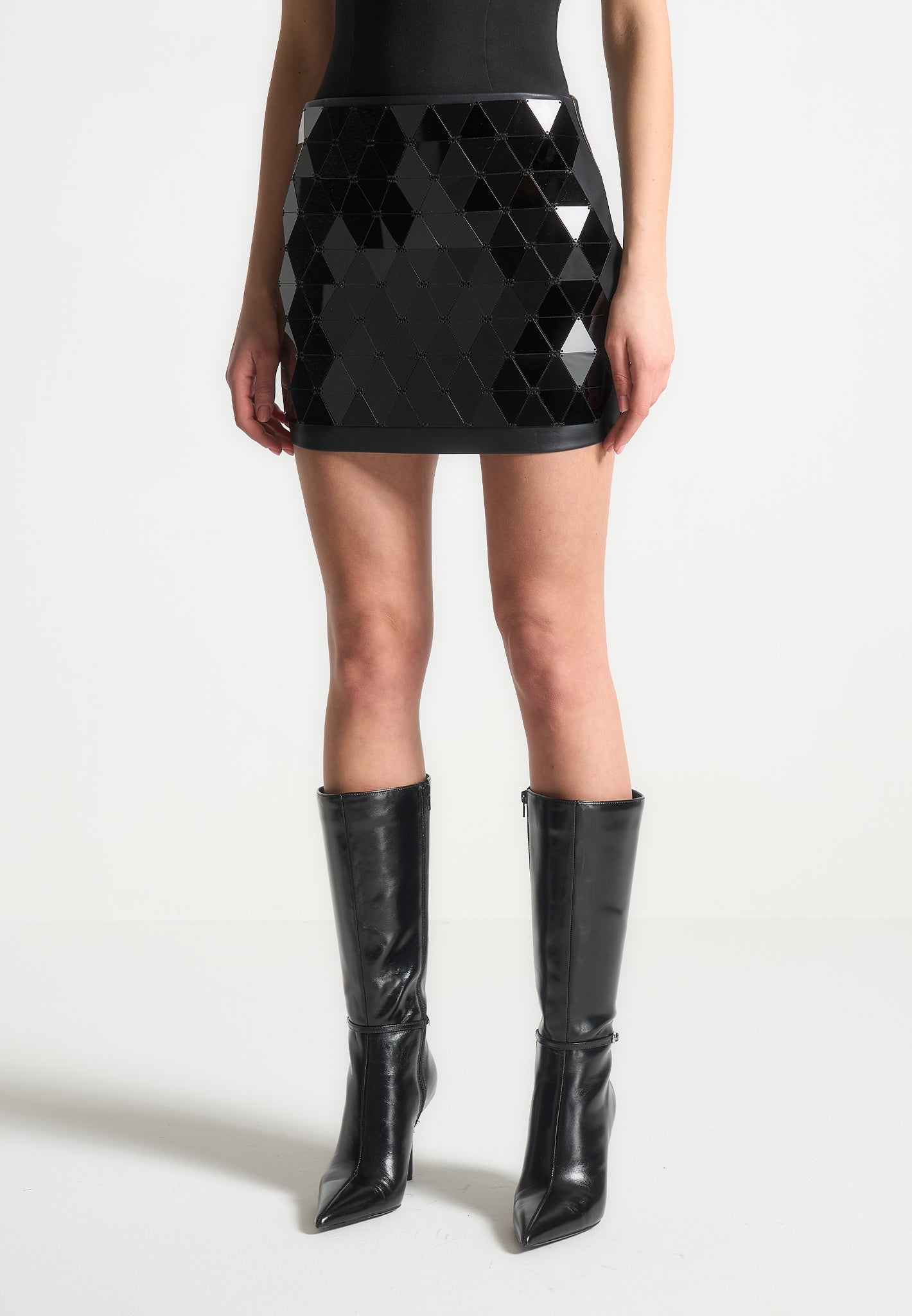 Vegan Leather Mini Skirt with Mirrored Accents | Black