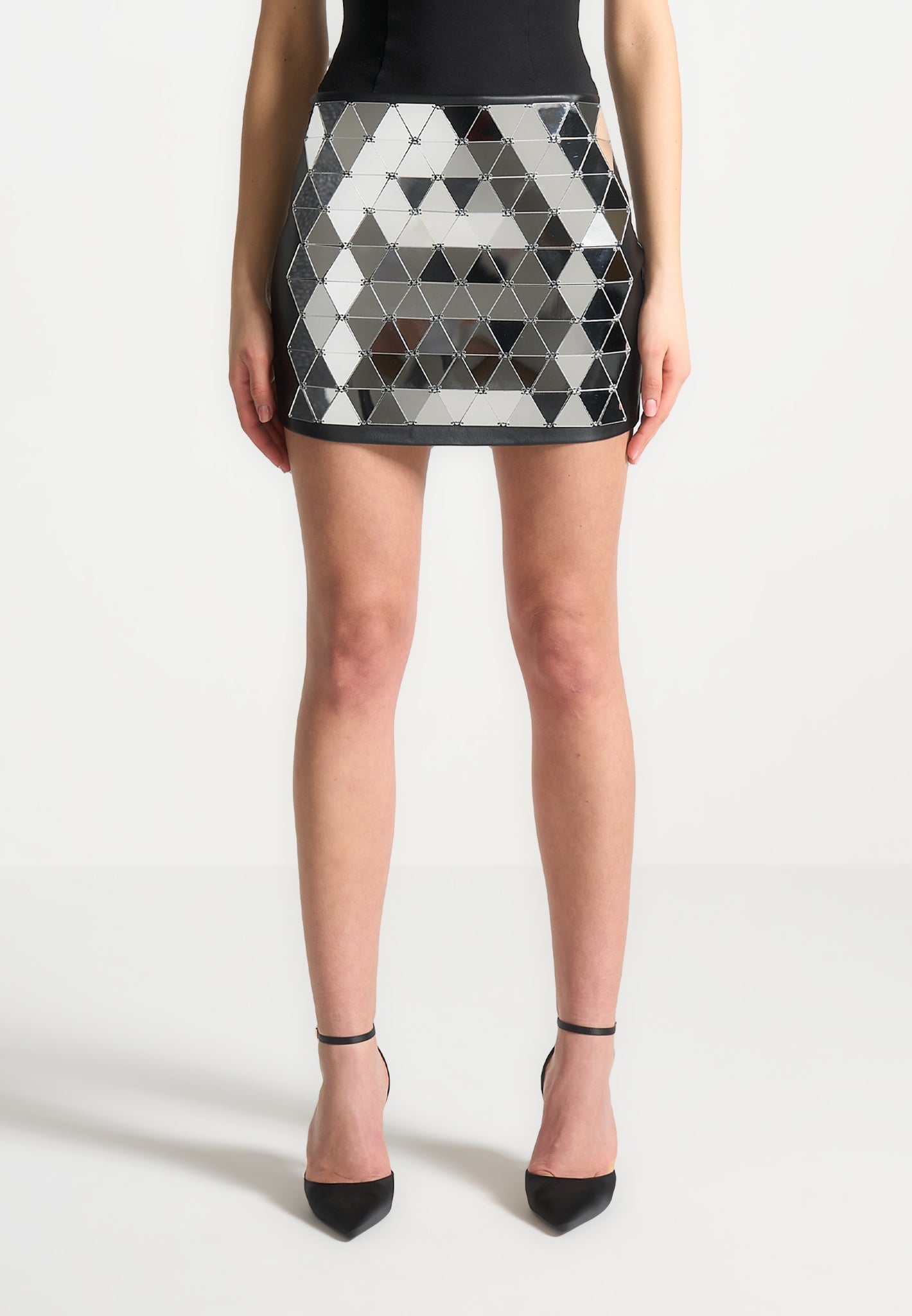 Vegan Leather Mini Skirt with Mirrored Accents | Silver/Black