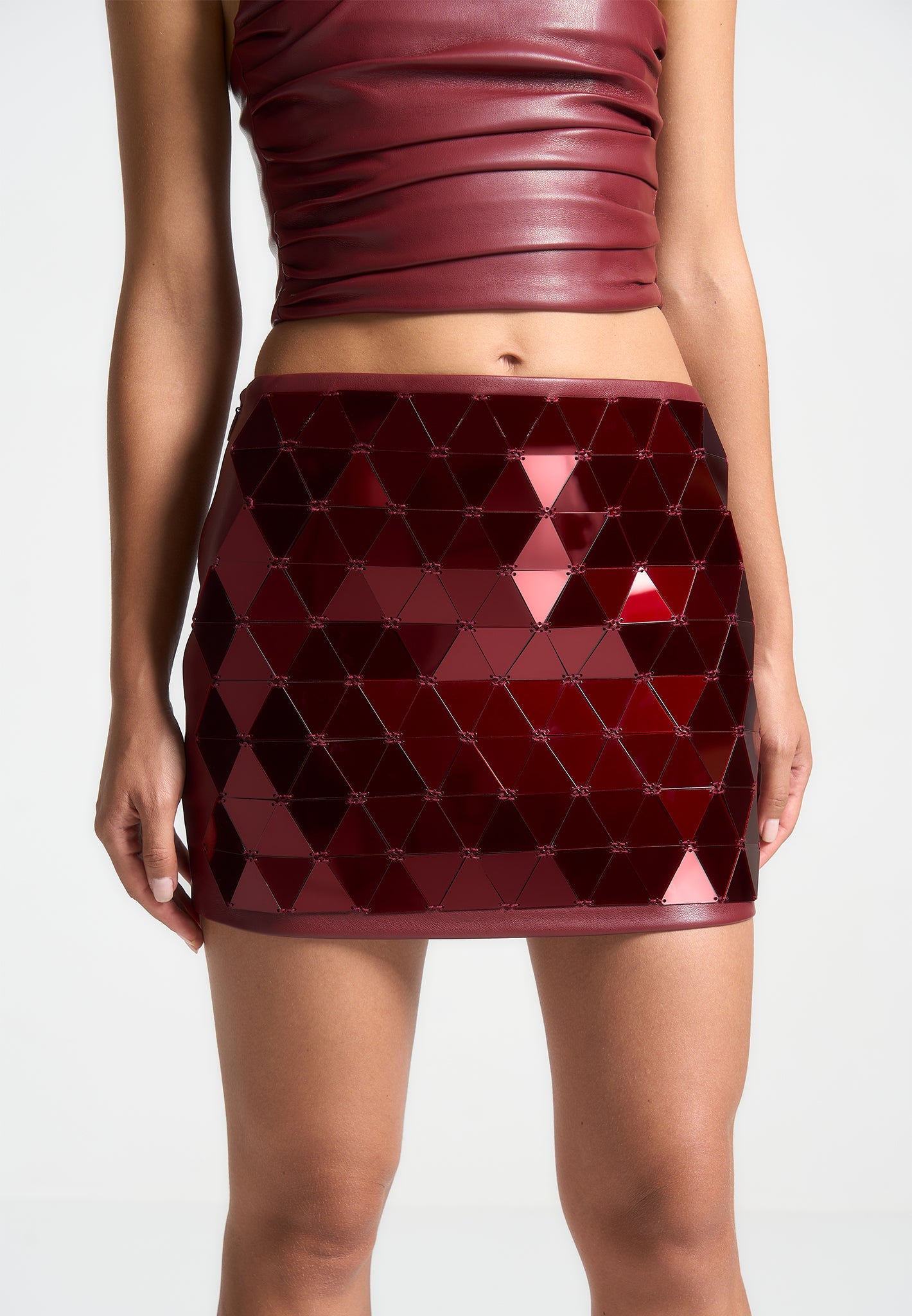 Vegan Leather Mini Skirt with Mirrored Accents | Wine Red