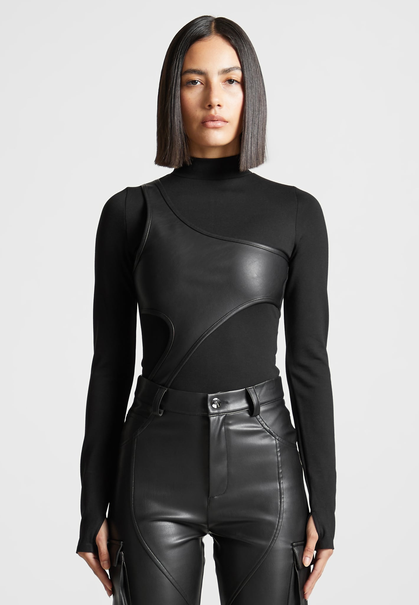 Leather Overlay High Neck Bodysuit for Night Out | Manière De Voir