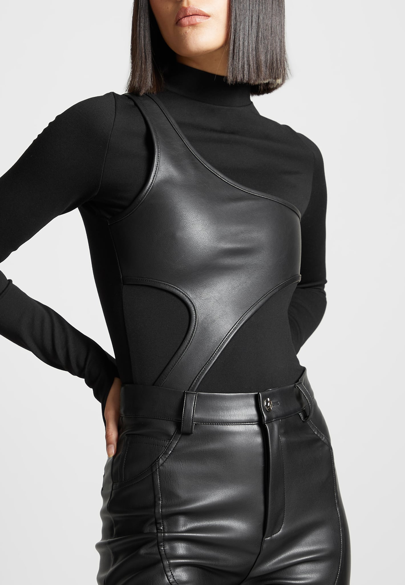 Leather Overlay High Neck Bodysuit for Night Out | Manière De Voir