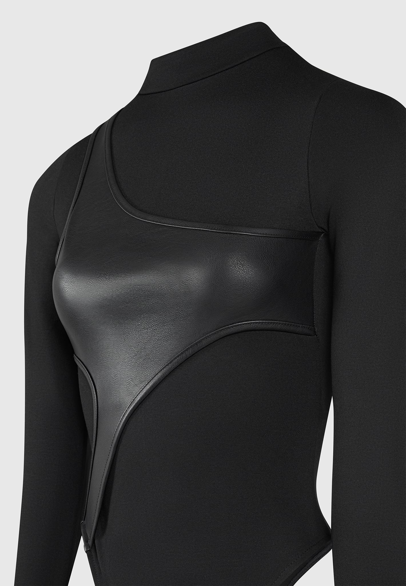 Leather Overlay High Neck Bodysuit for Night Out | Manière De Voir