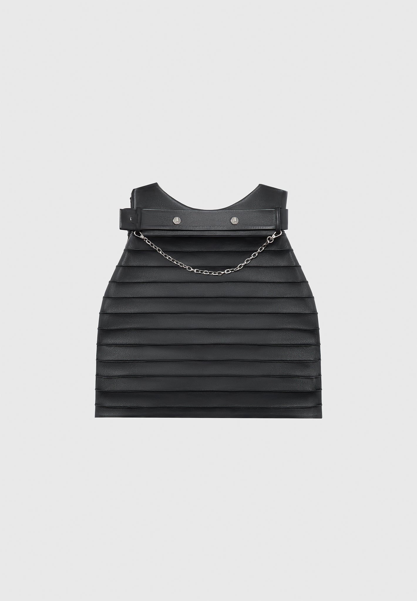 Vegan Leather Mini Skirt with Pintuck & Chain Detail | Black