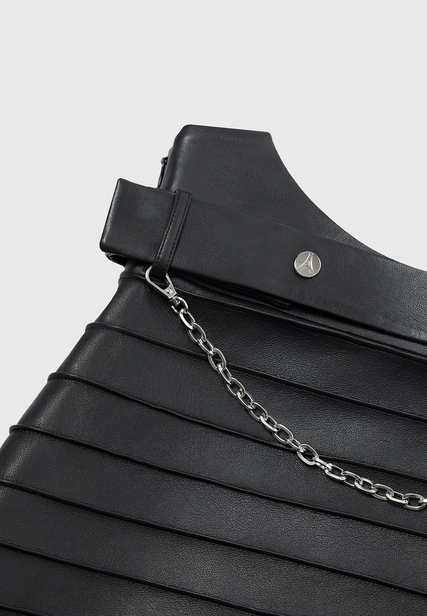 Vegan Leather Mini Skirt with Pintuck & Chain Detail | Black
