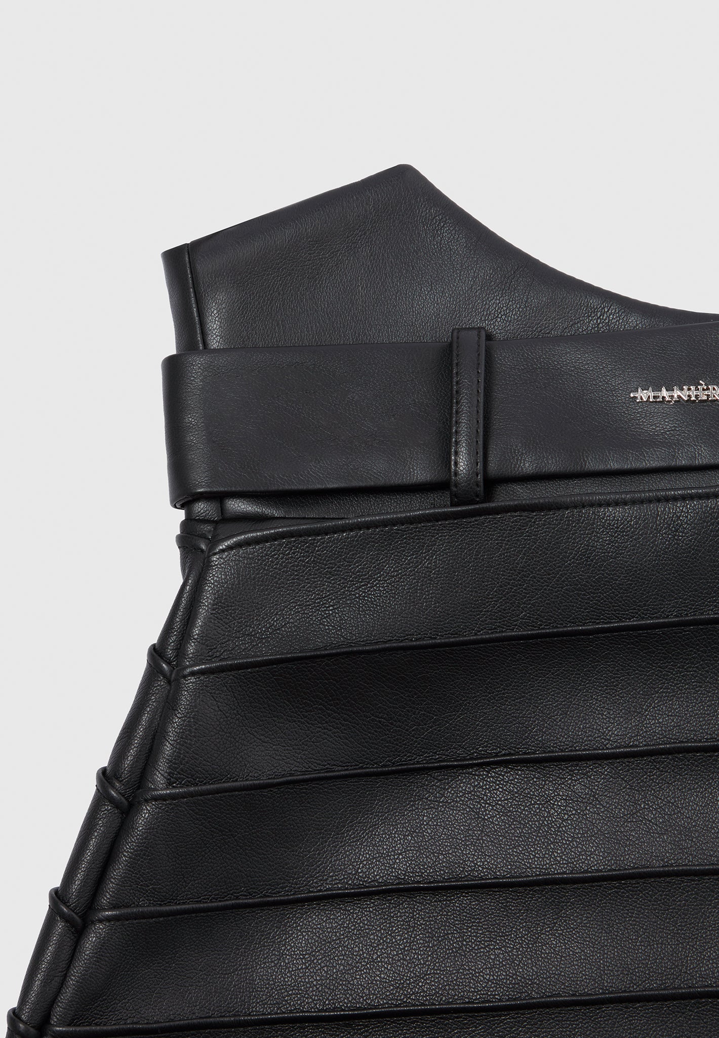Vegan Leather Mini Skirt with Pintuck & Chain Detail | Black