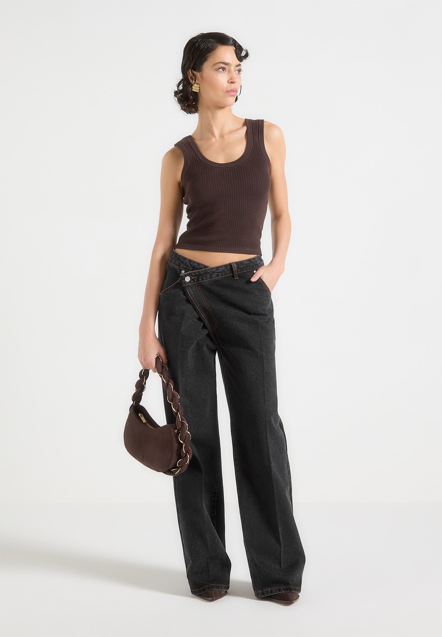 Wrapover Wide Leg Jeans with Contrast Stitching | Astrid Black