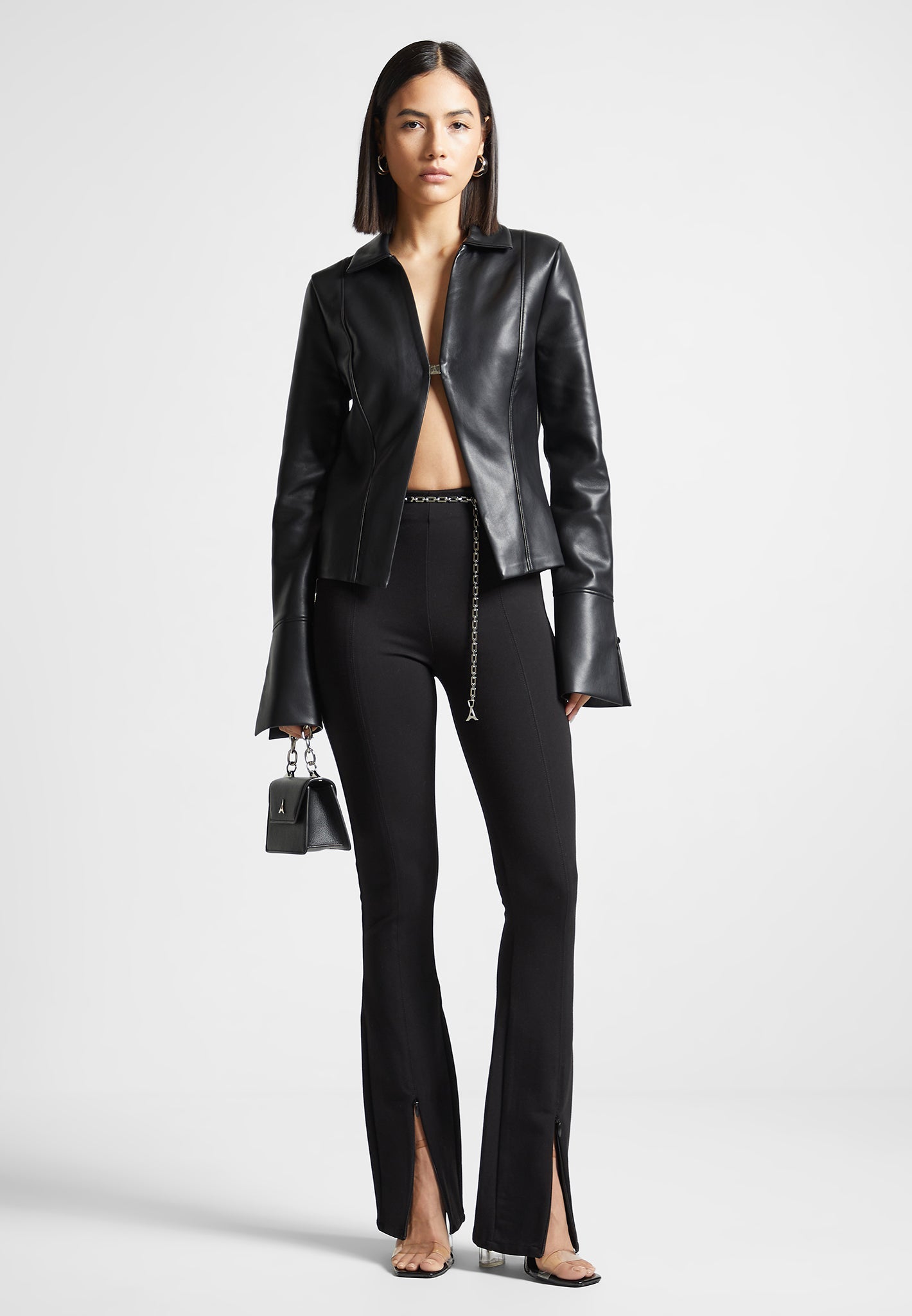Black Vegan Leather Shirt with Eiffel Clasp | Tailored Fit