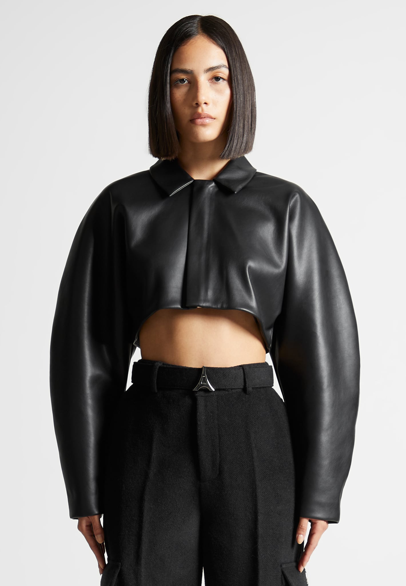 Vegan Leather Cropped Jacket with Balloon Sleeves | Black