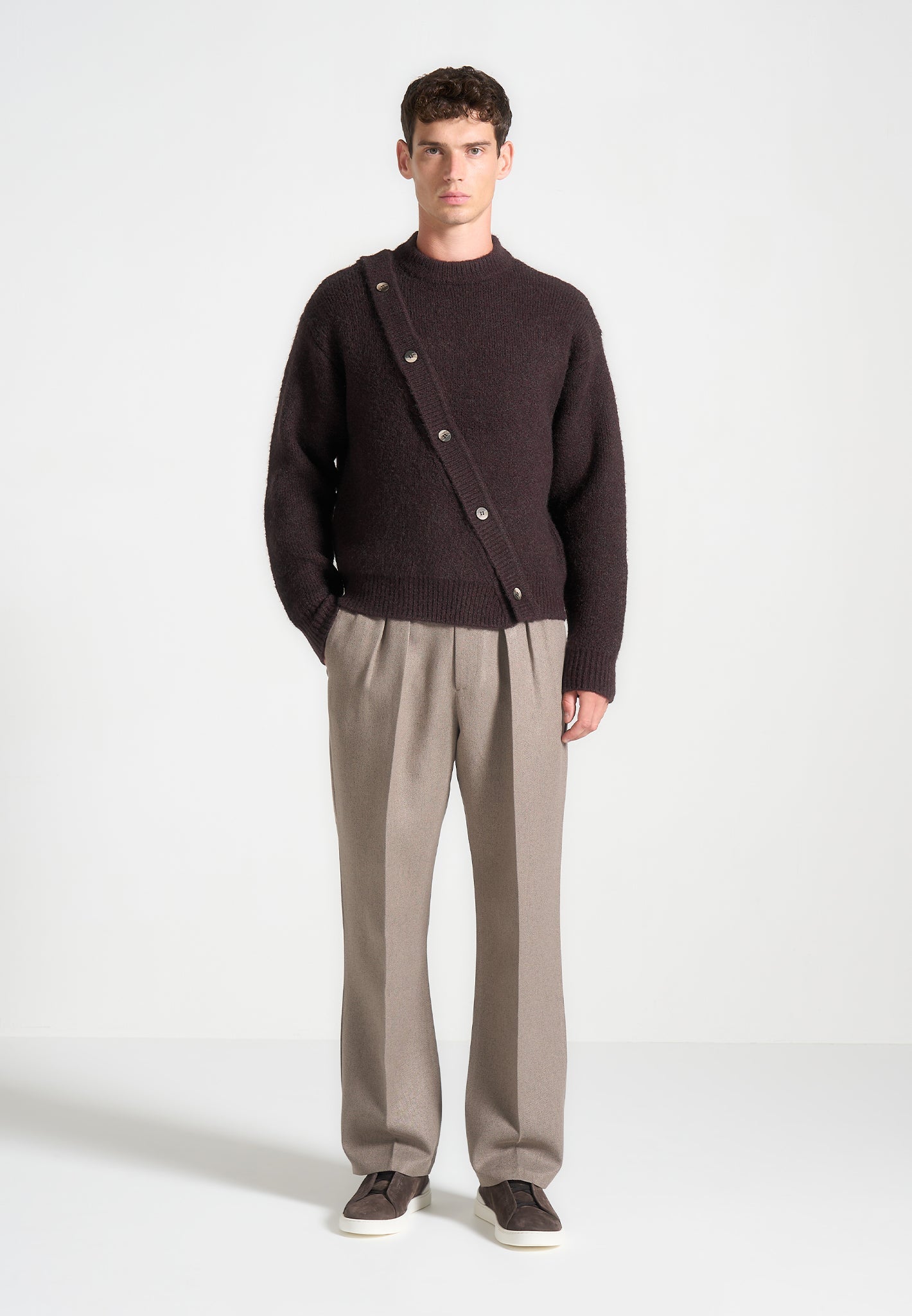 Brown Asymmetric Wool Knit Jumper with Button-Up Design | Manière De Voir