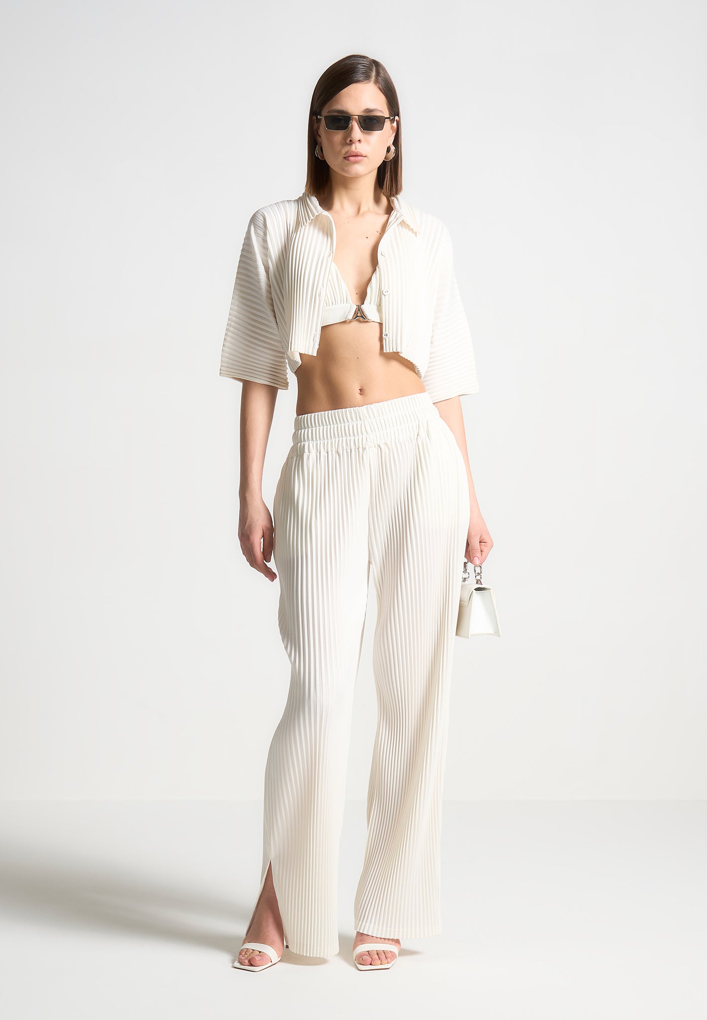 Wide Leg Pleated Trousers with Elastic Waistband | Lila Off White