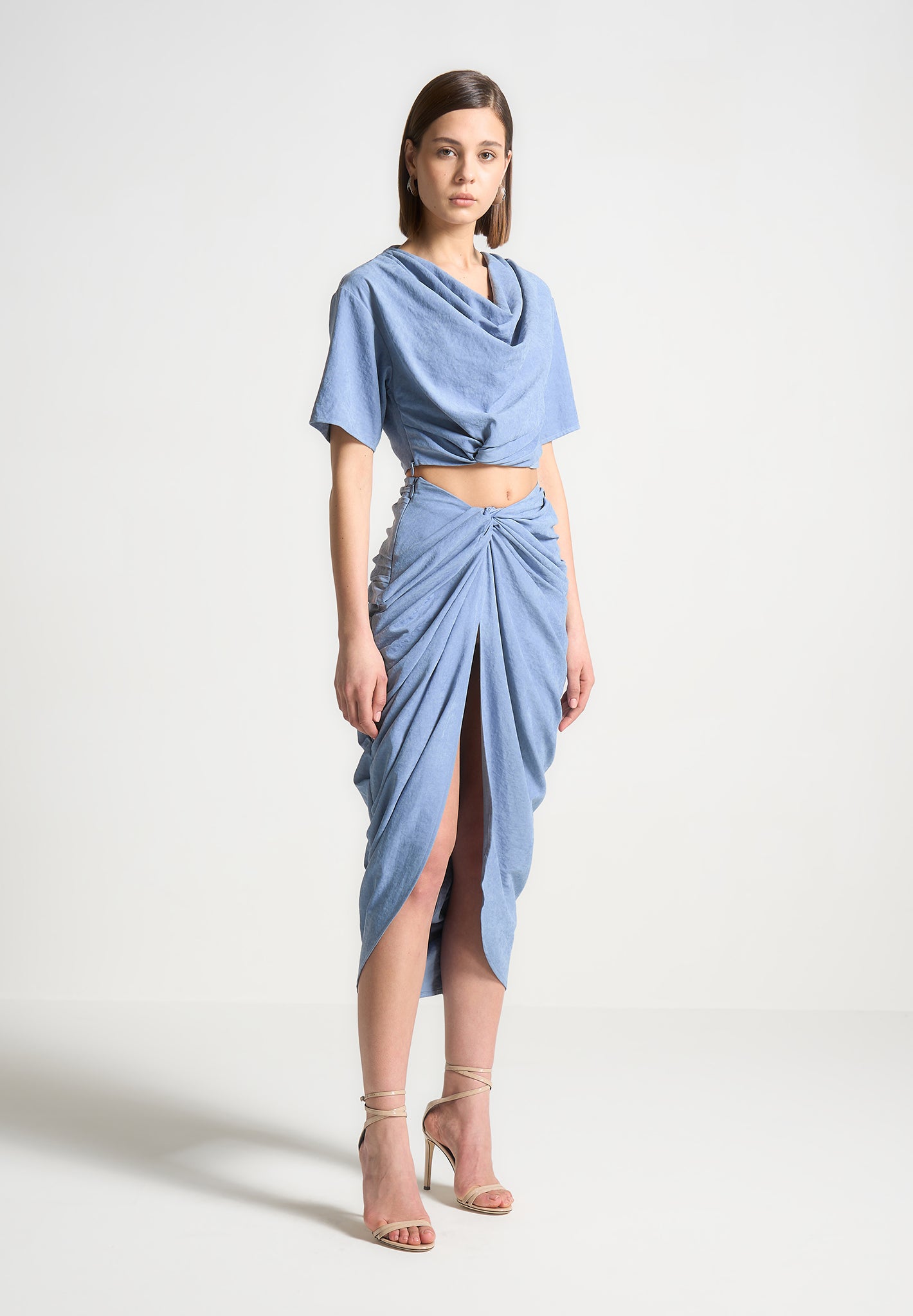 Asymmetric Drape Midaxi Skirt with Pleat Detail & Elastic Waist | Blue