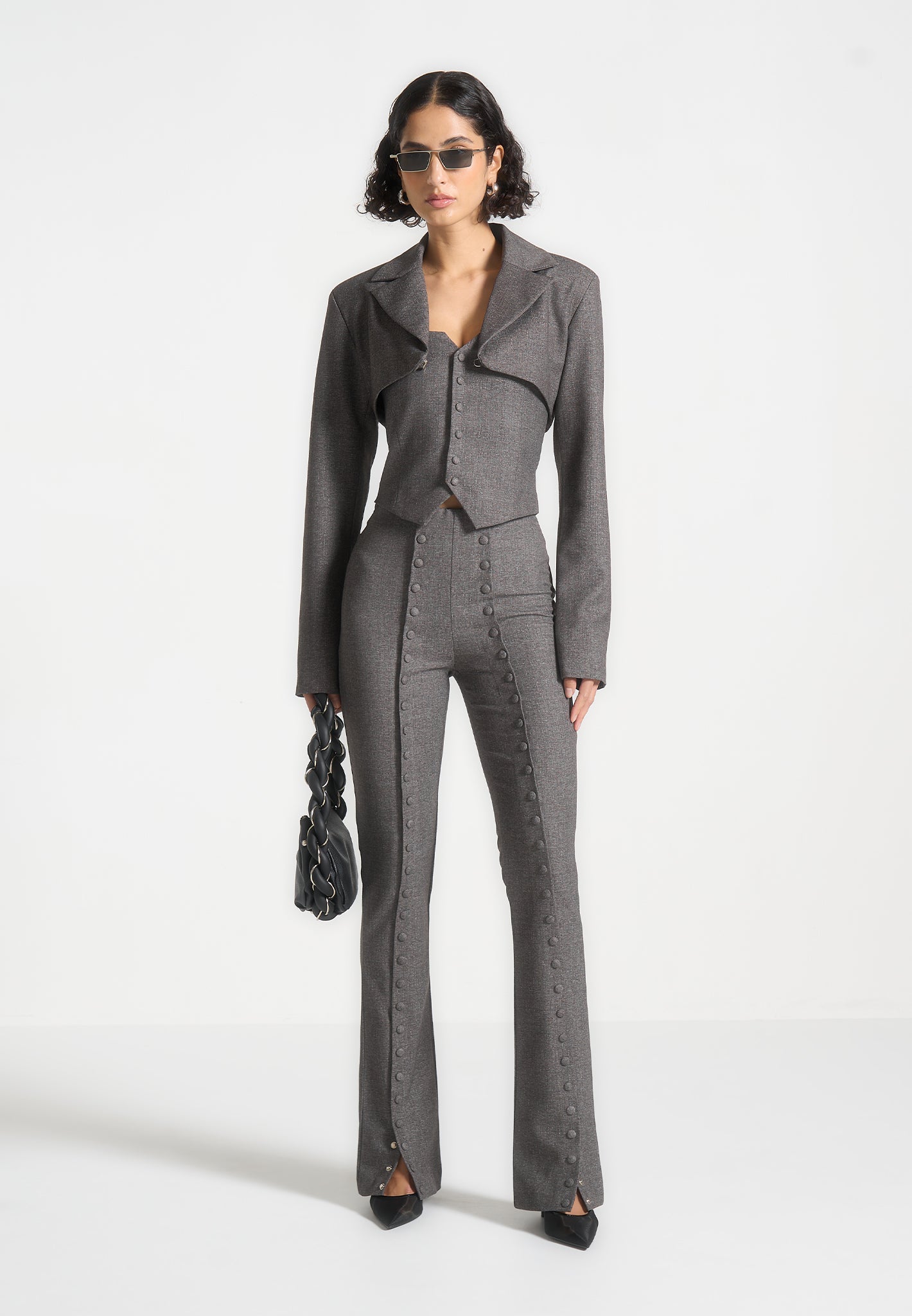 Cropped Tailored Blazer & Bandeau Set for Women | Dark Grey