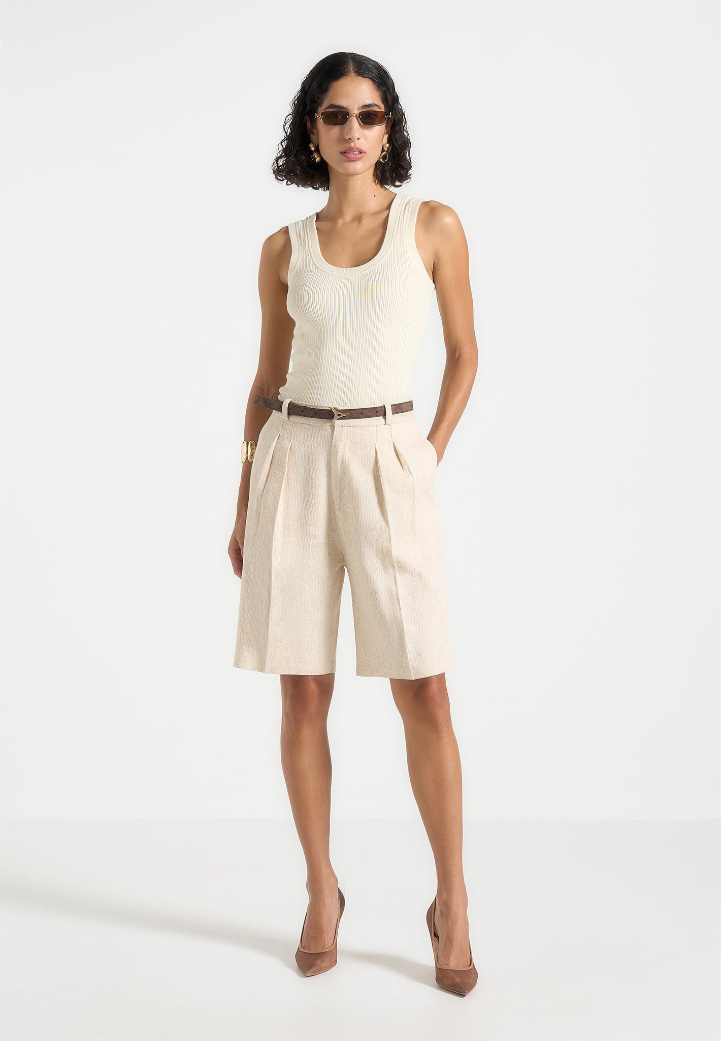 Linen High-Rise Pleated Shorts for Women | Lorette
