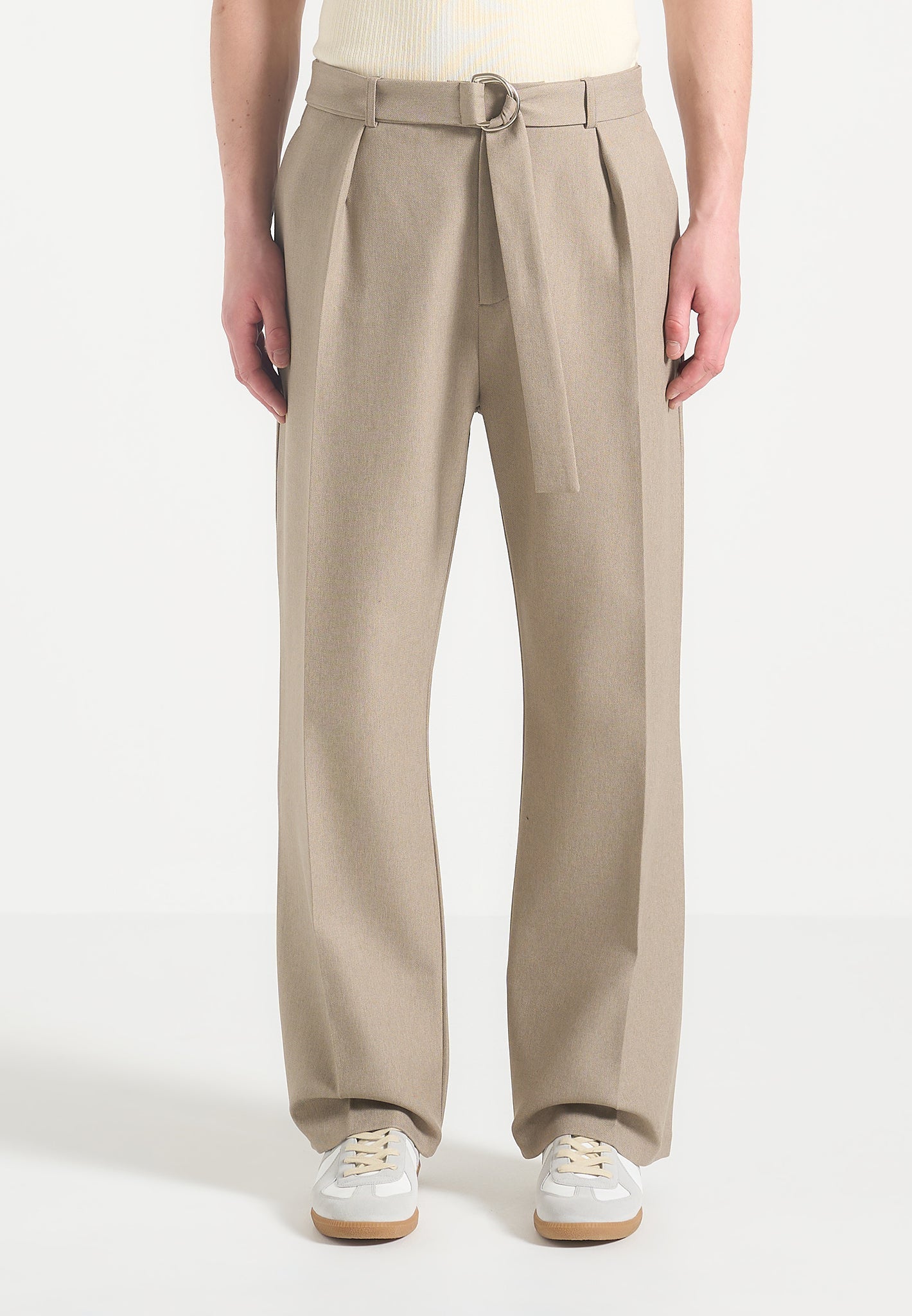 Relaxed Fit Tailored Trousers with Belt & Pockets | Louis Beige