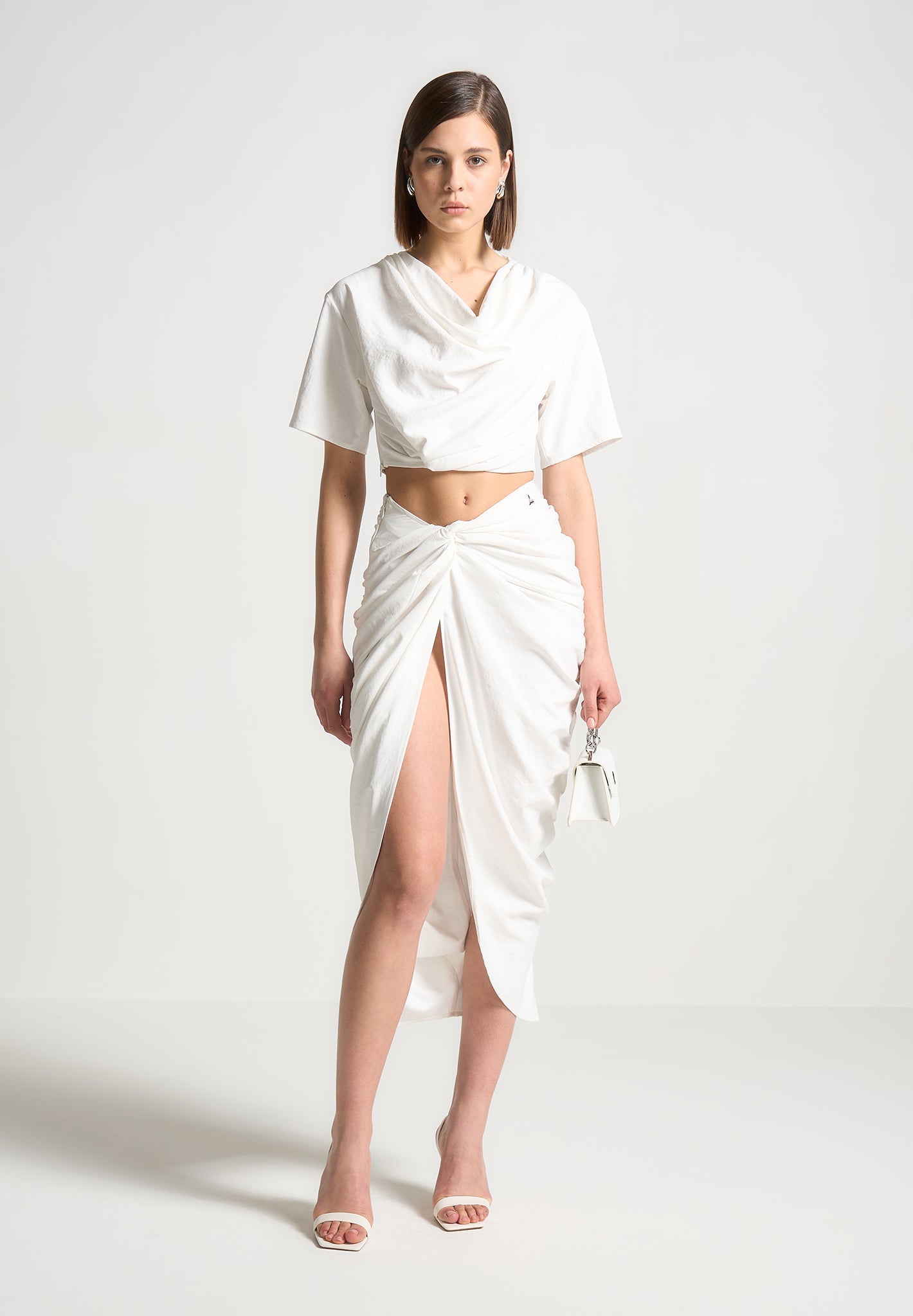 White Asymmetric Drape Midaxi Skirt with Pleat Detail | Manière De Voir