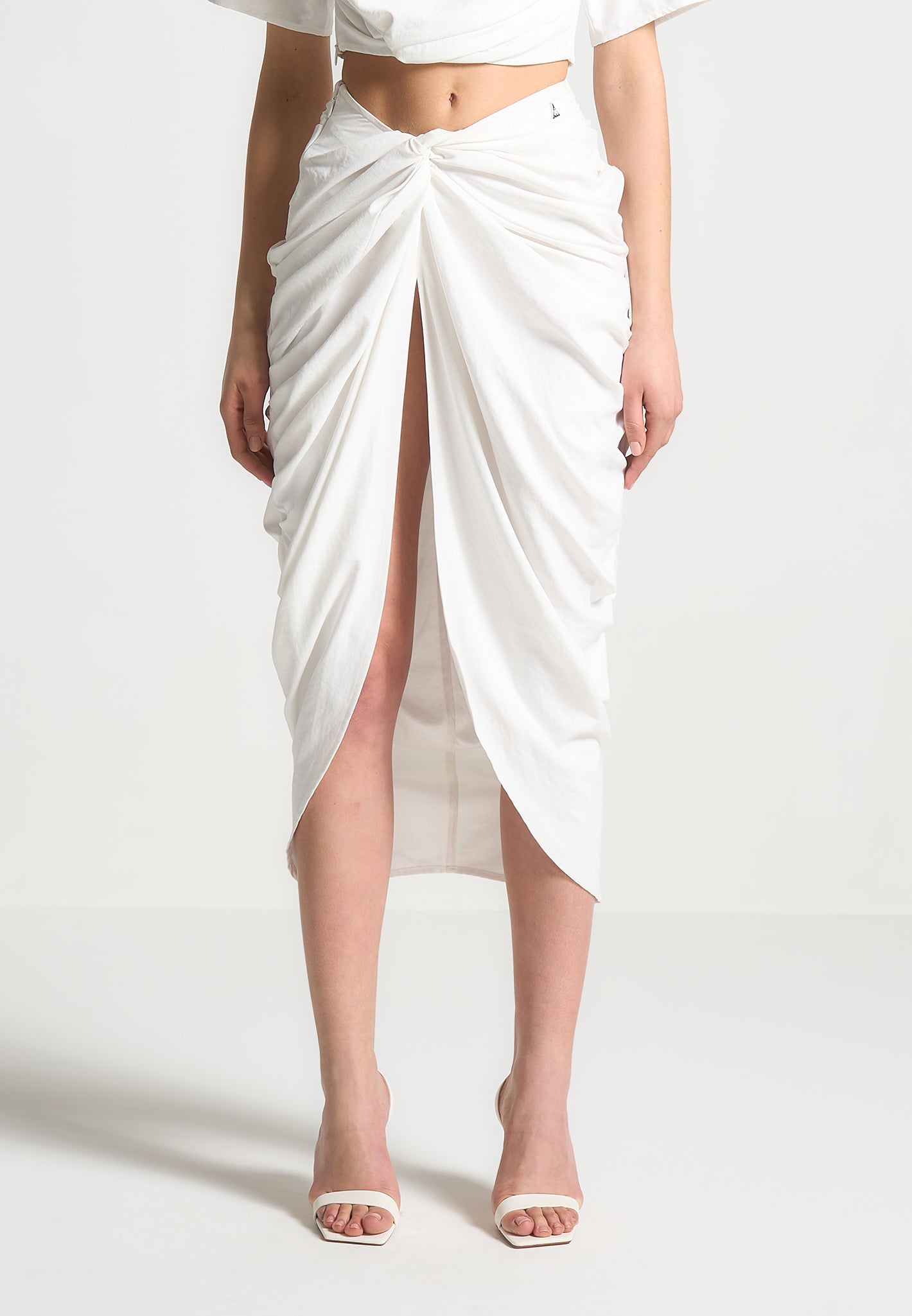 White Asymmetric Drape Midaxi Skirt with Pleat Detail | Manière De Voir