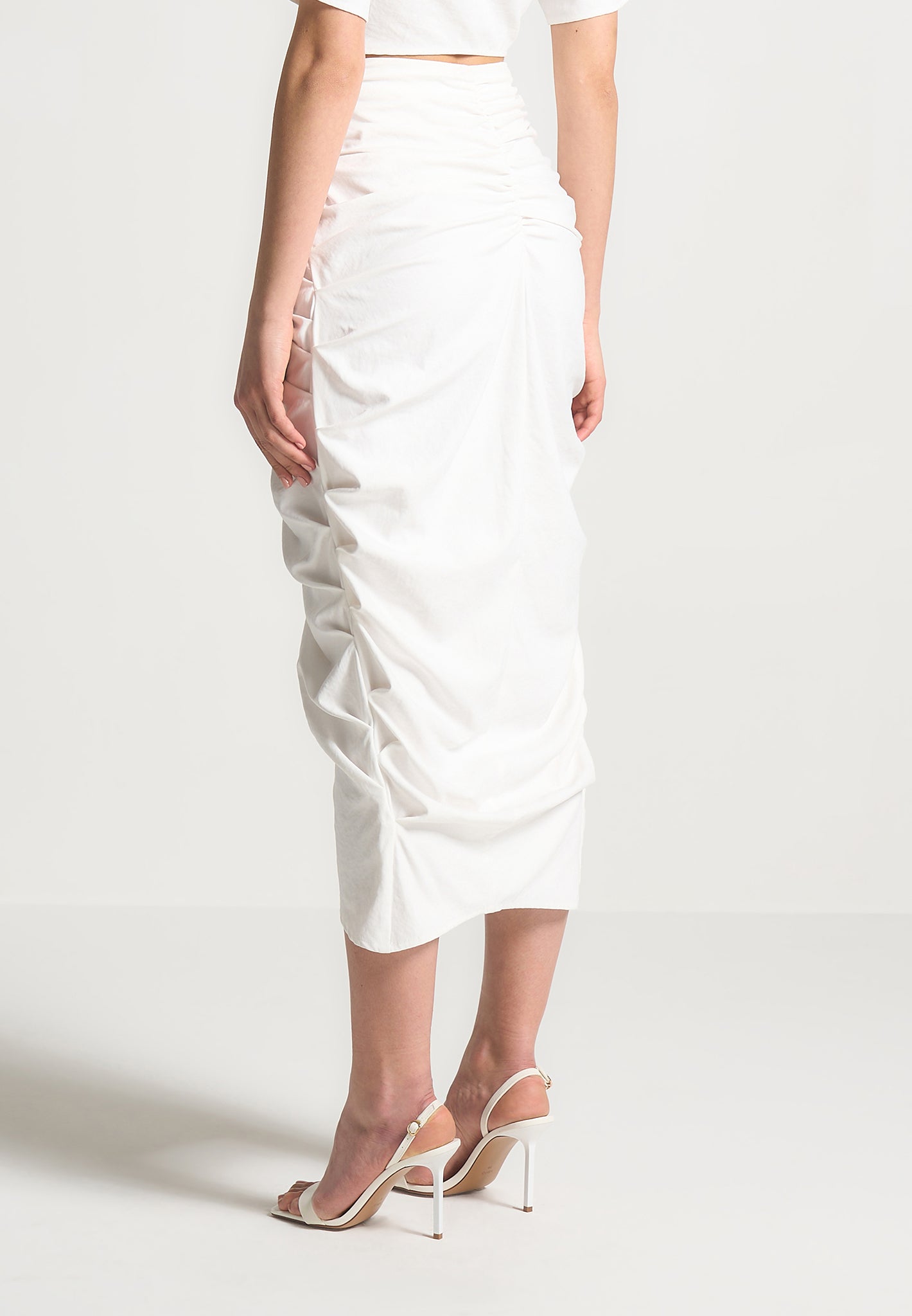 White Asymmetric Drape Midaxi Skirt with Pleat Detail | Manière De Voir