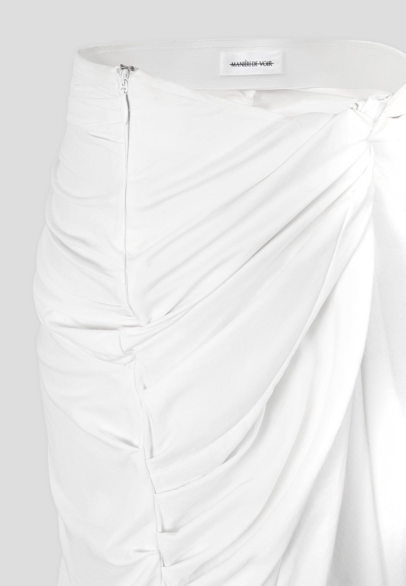 White Asymmetric Drape Midaxi Skirt with Pleat Detail | Manière De Voir