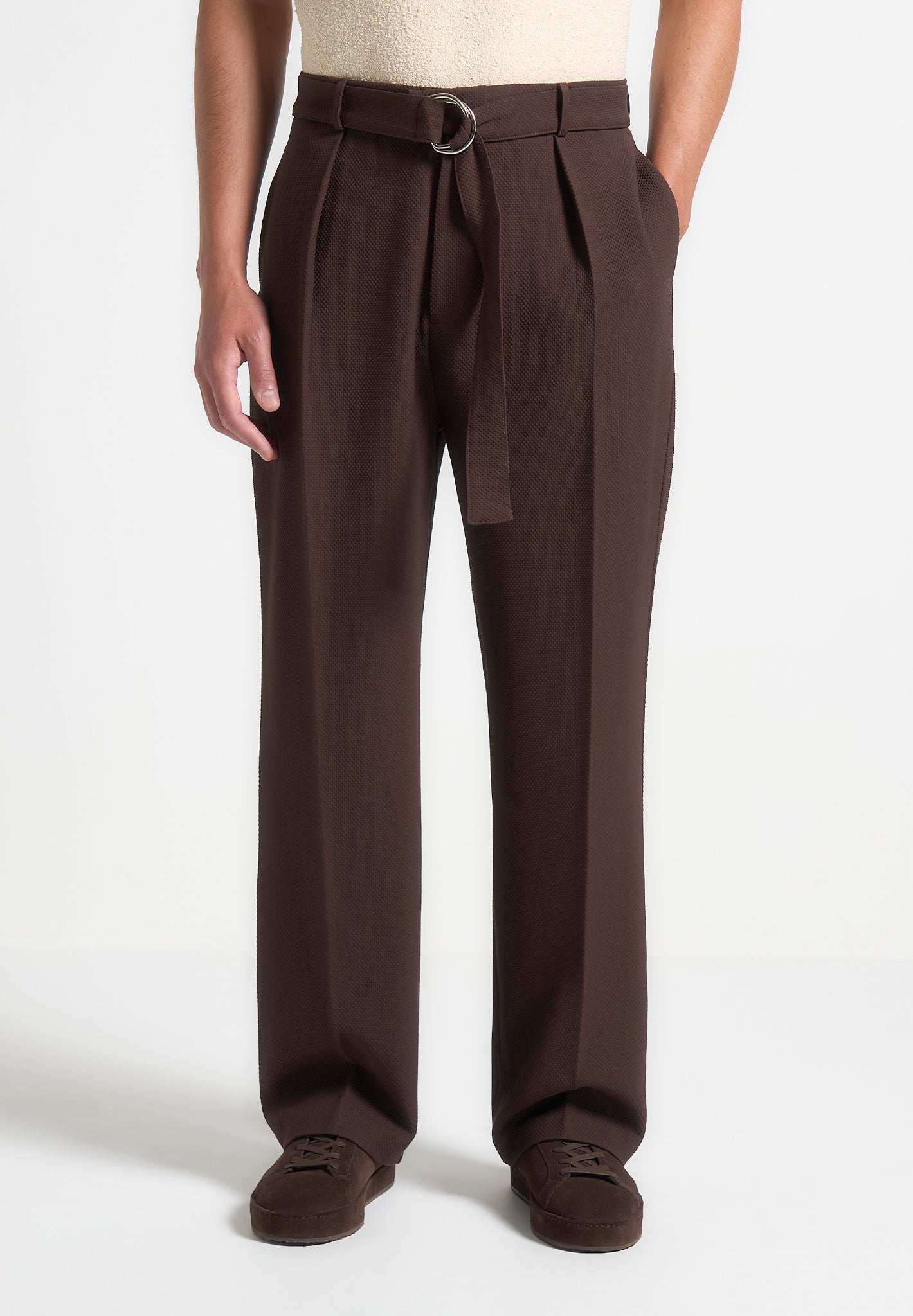 Relaxed Fit Brown Tailored Trousers with Belt | Louis