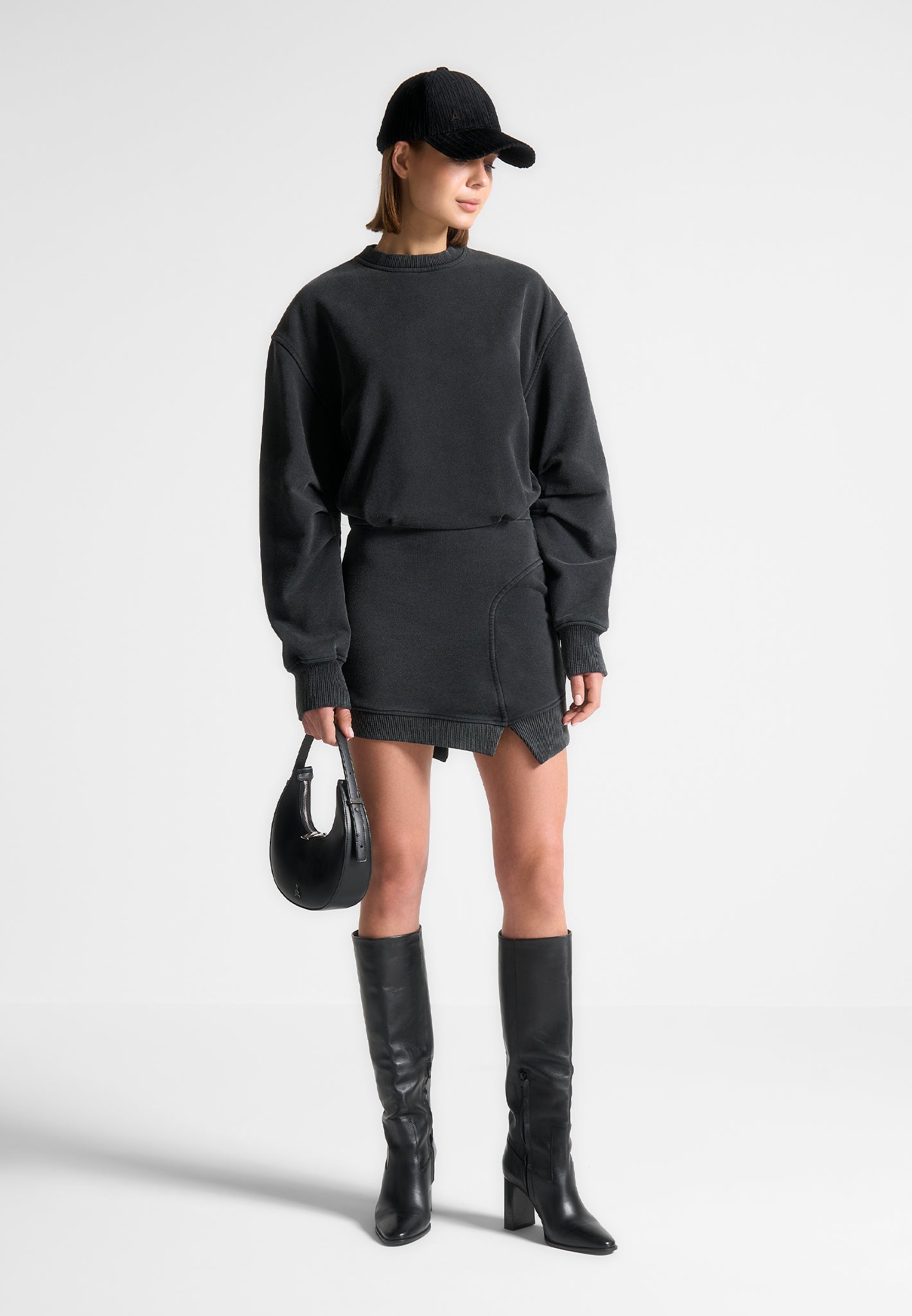 Asymmetric Hem Jumper Dress with Elastic Waist & Ribbed Hem | Washed Black