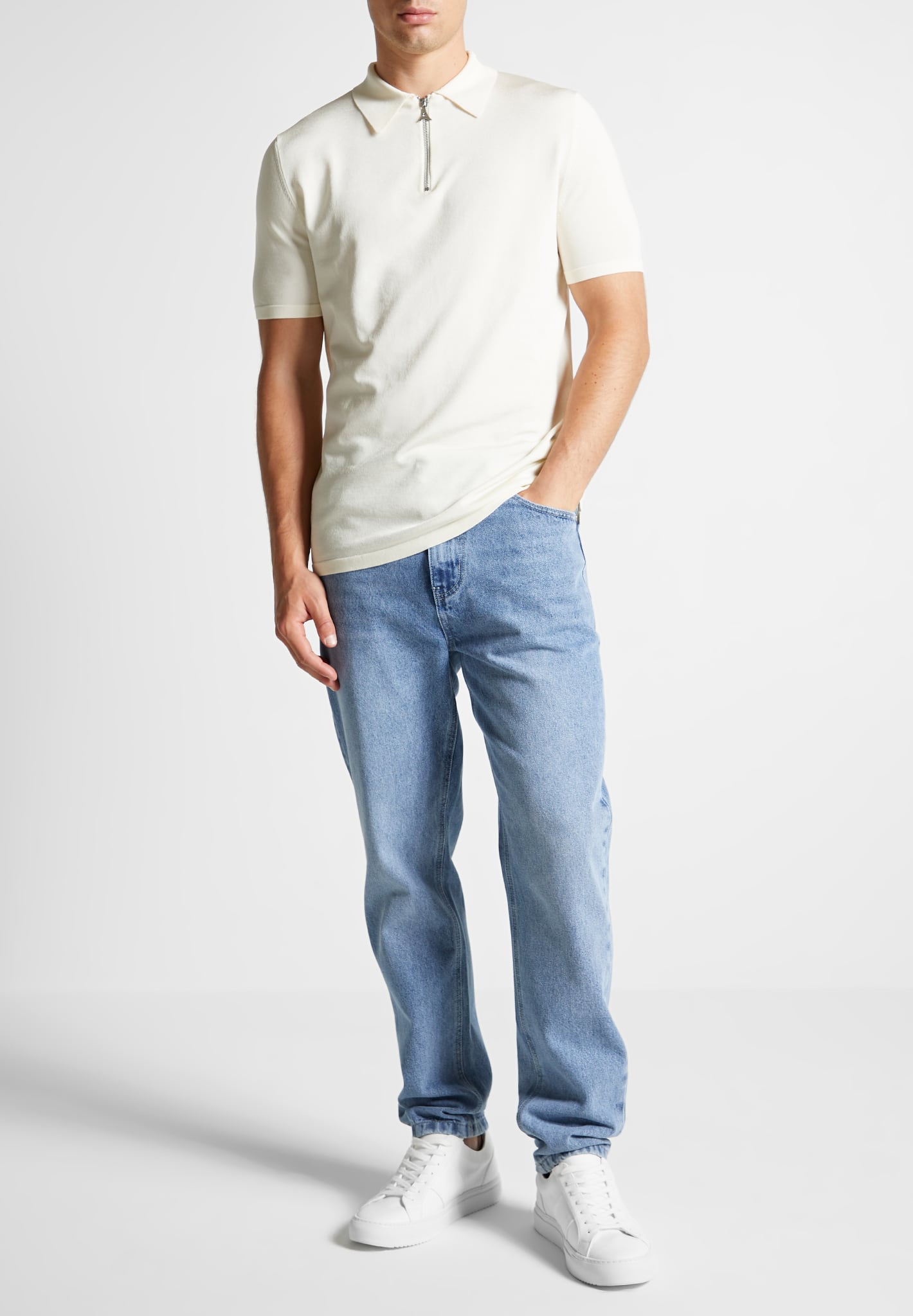Men's Zip Polo Shirt - Classic Fitted Style in Off White | Luxe