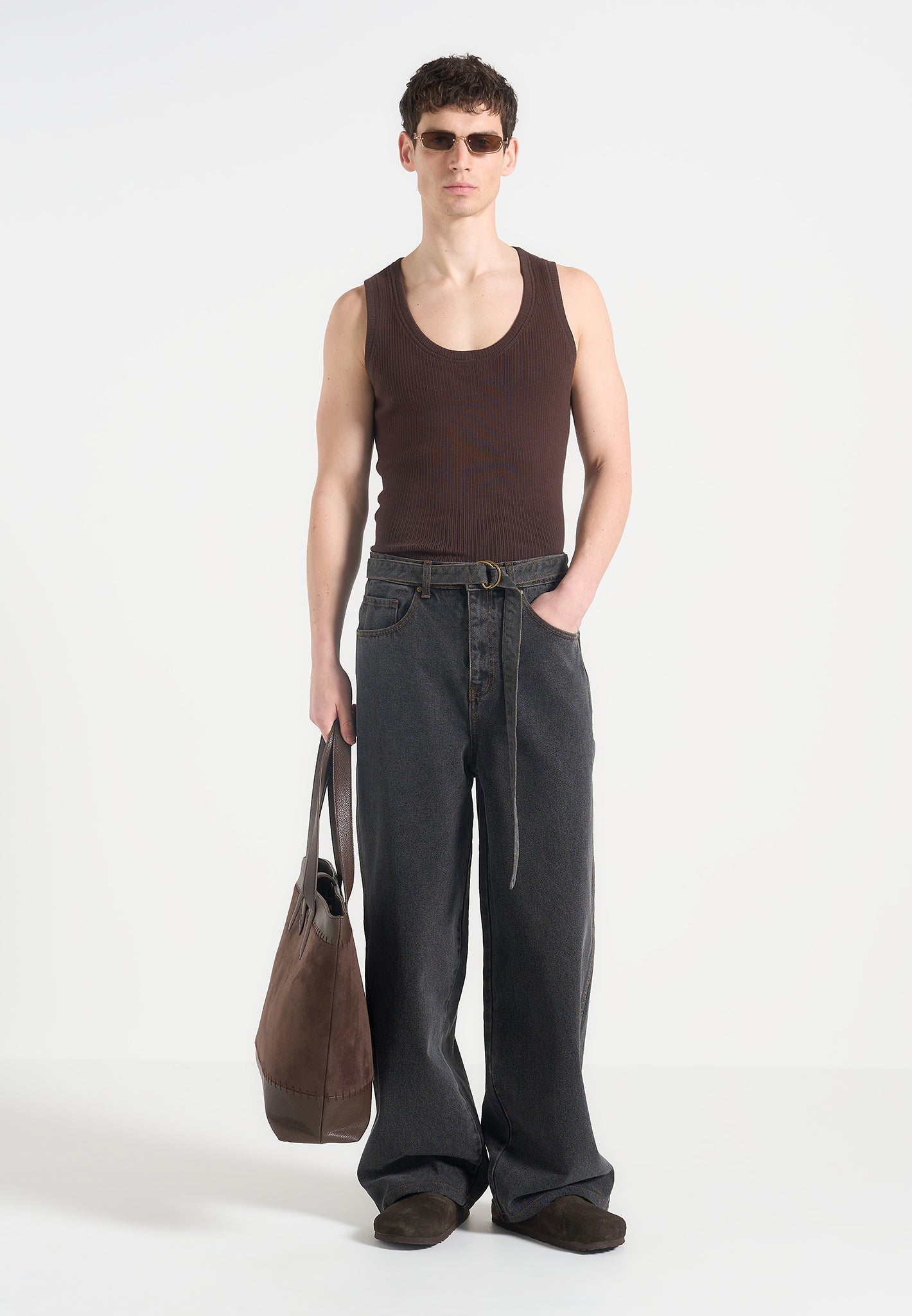 Wide Leg Belted Jeans with Vintage Wash & Built-In Belt | Adam