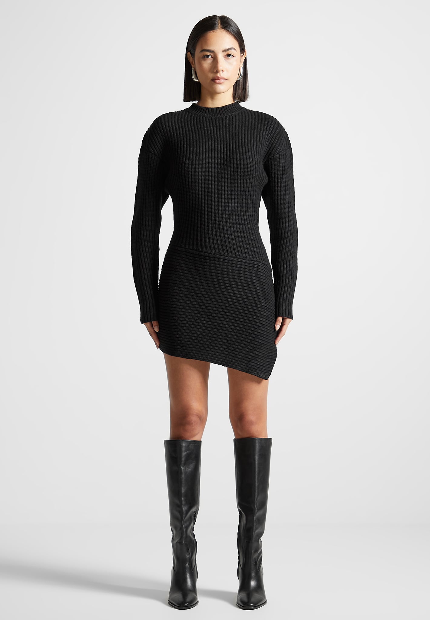 Asymmetric Knit Mini Dress with High Neck & Silver Plaque | Manière De Voir