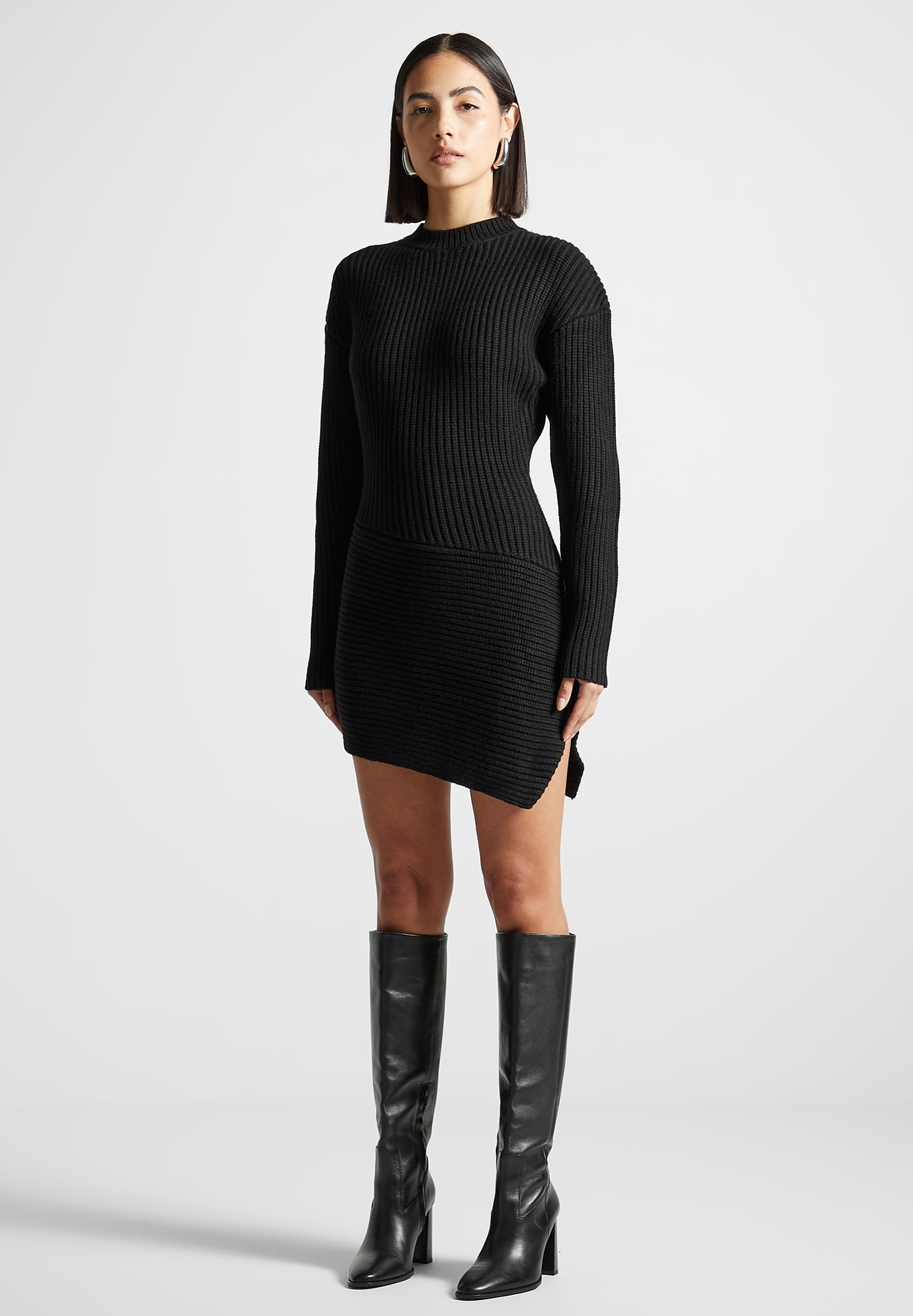 Asymmetric Knit Mini Dress with High Neck & Silver Plaque | Manière De Voir