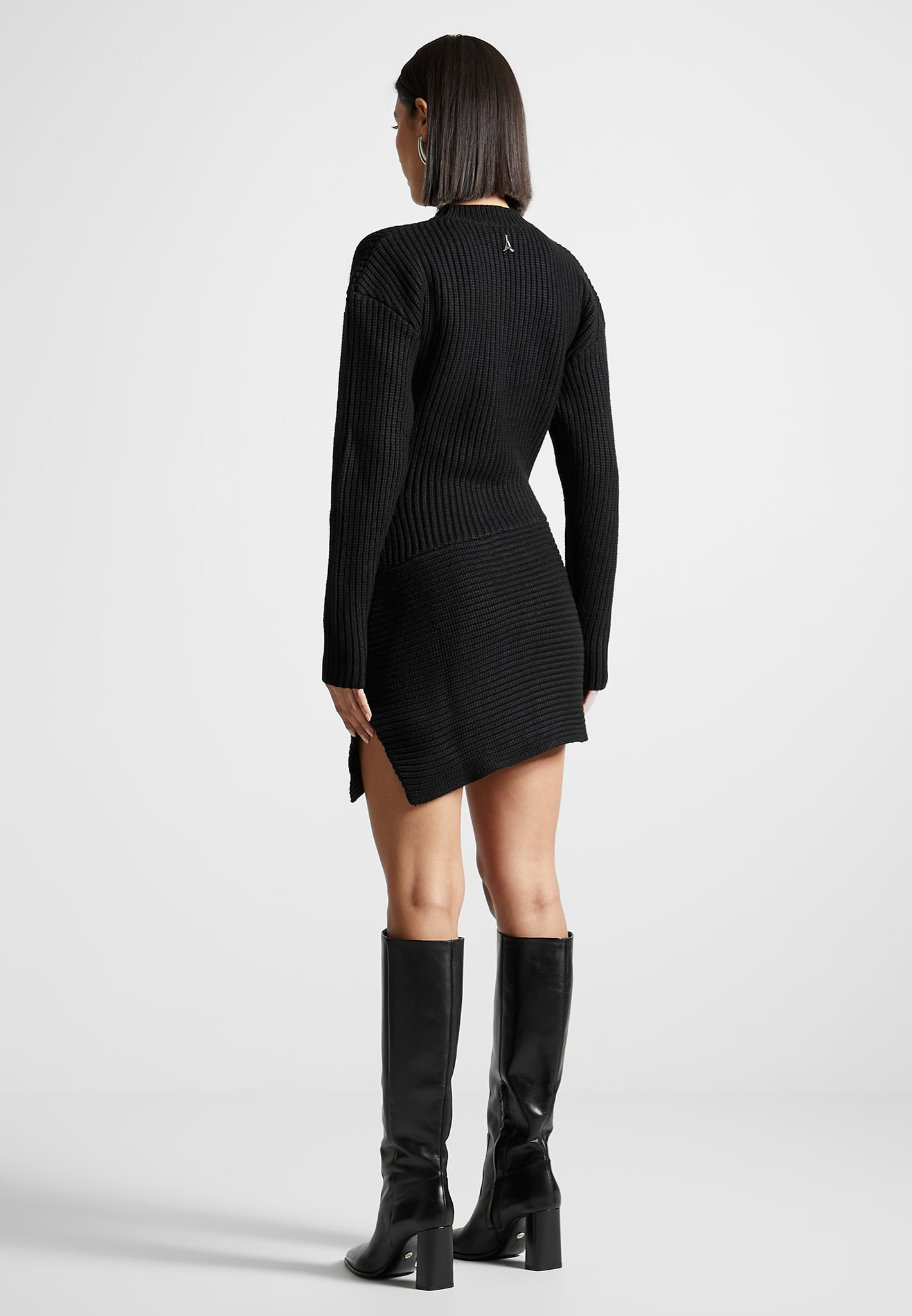 Asymmetric Knit Mini Dress with High Neck & Silver Plaque | Manière De Voir