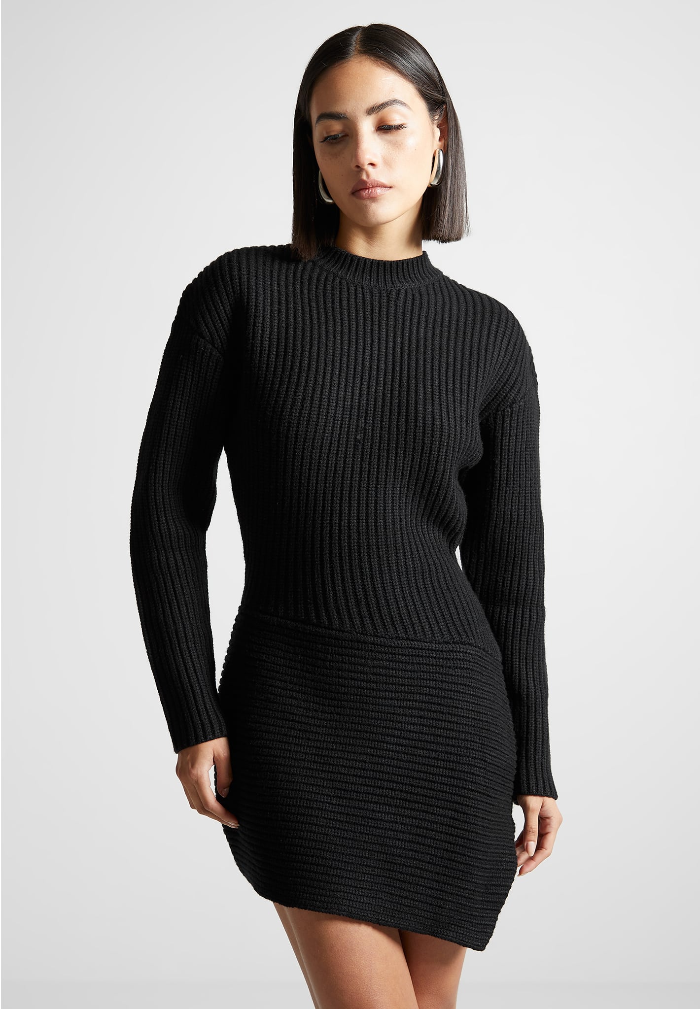 Asymmetric Knit Mini Dress with High Neck & Silver Plaque | Manière De Voir