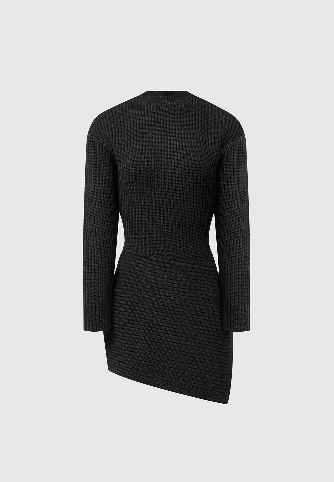 Asymmetric Knit Mini Dress with High Neck & Silver Plaque | Manière De Voir