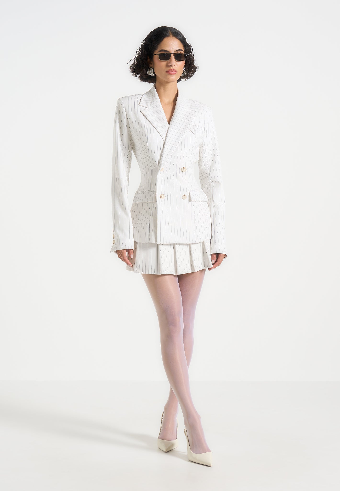 White Pinstripe Double Breasted Blazer for Women | Maia