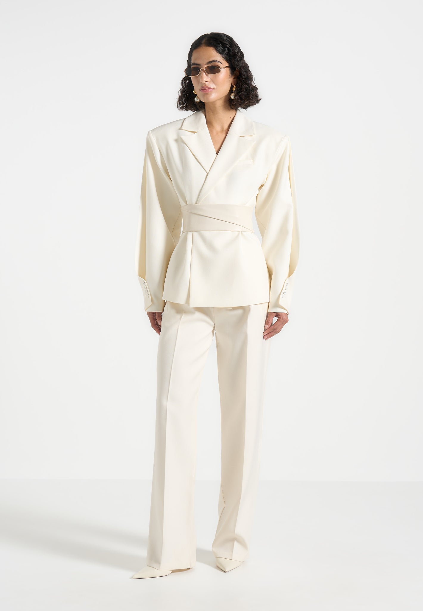 Double-Breasted Blazer with Twist Sleeves & Vegan Leather Belt | Marie