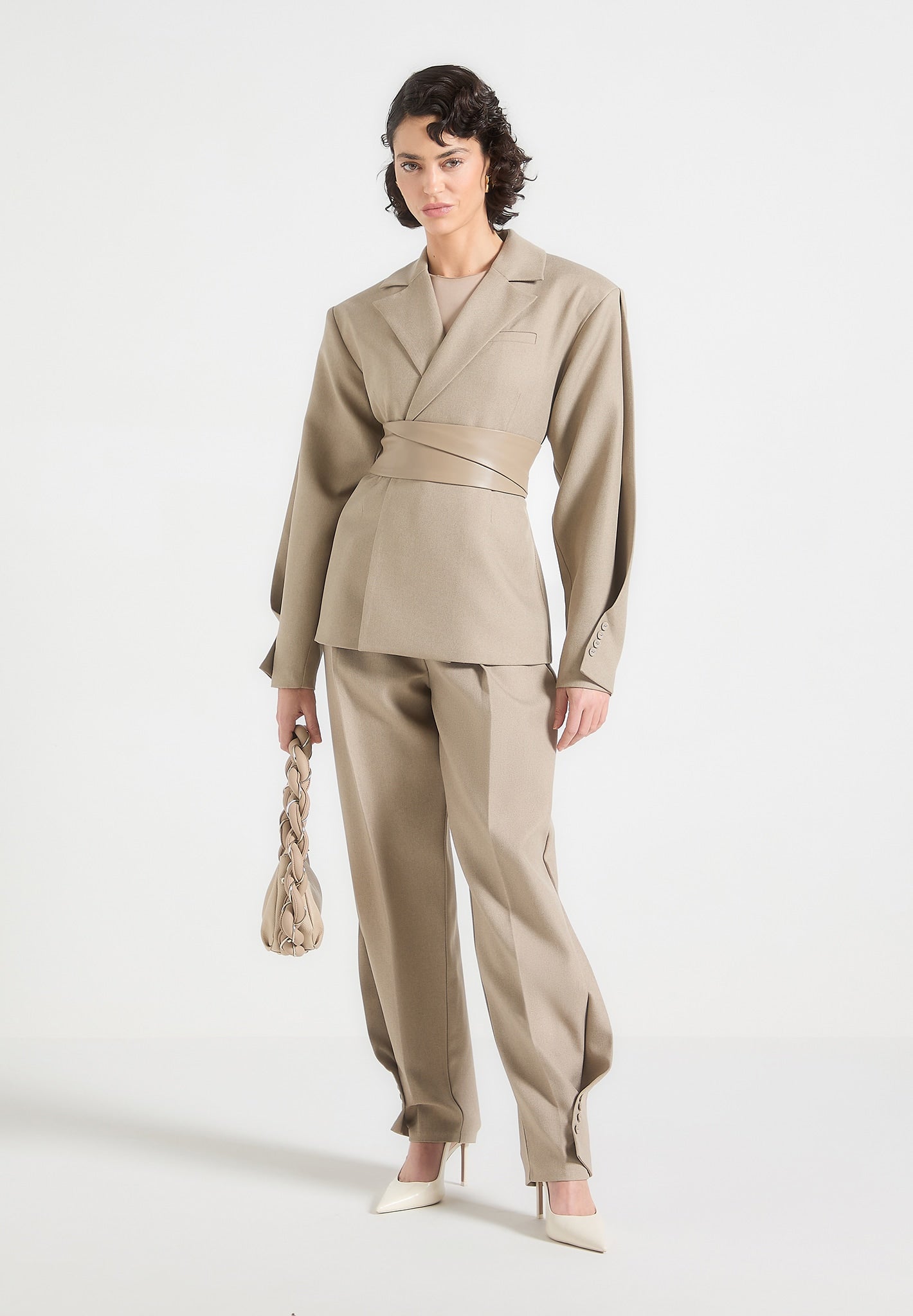 Tailored Twist Sleeve Blazer with Vegan Leather Belt | Marie
