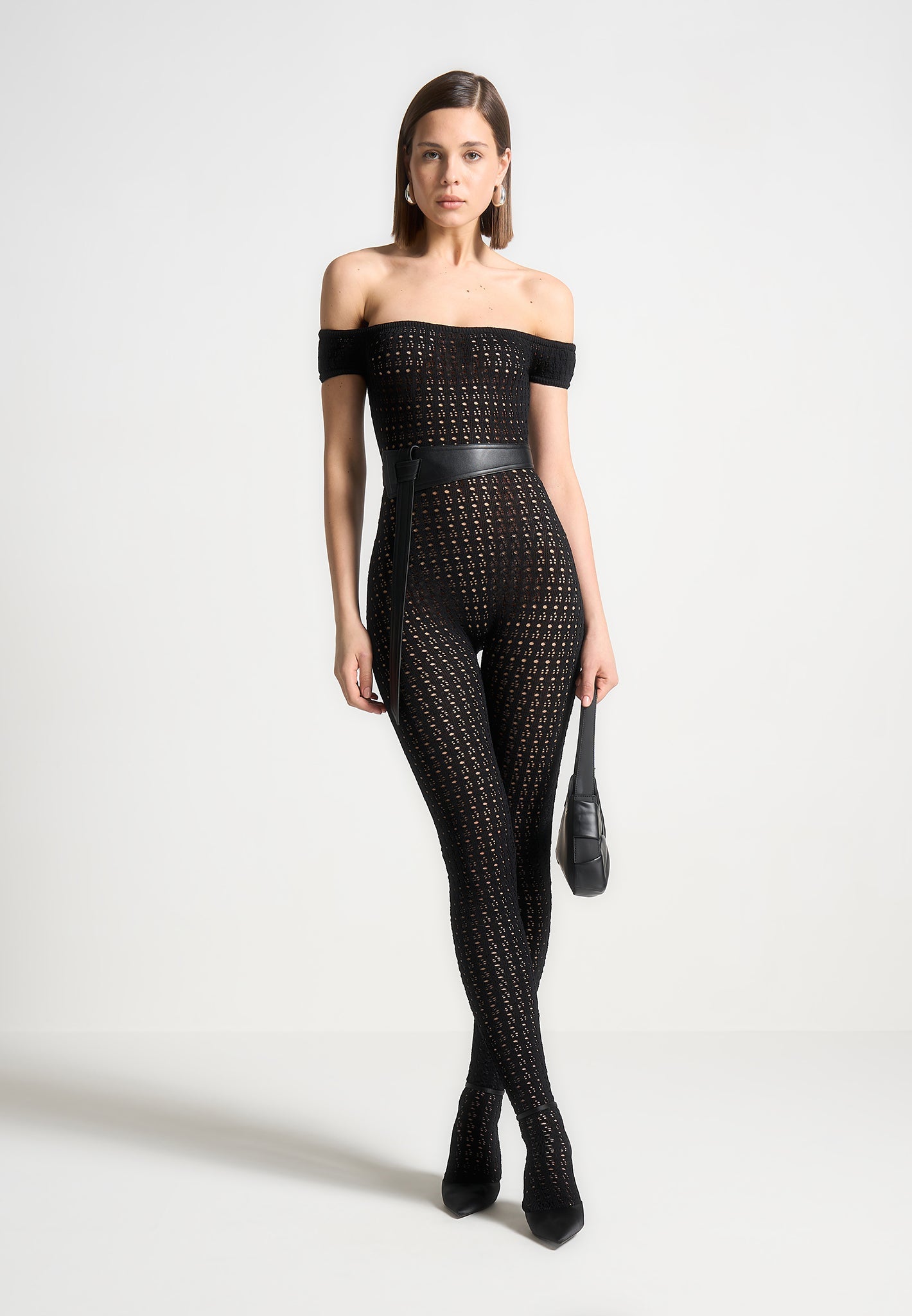 Pointelle Knit Bardot Jumpsuit with Belt | Martine - Black