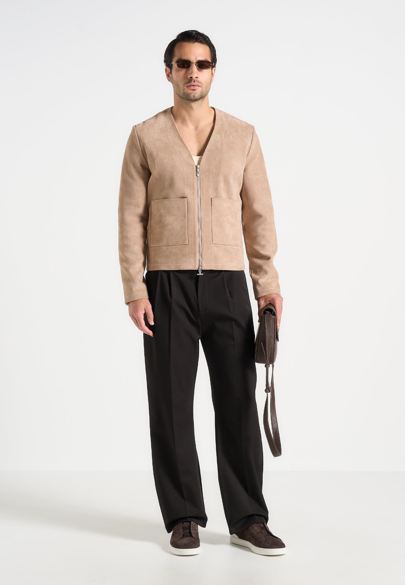 Vegan Suede Zip Jacket with Contrast Stitch | Maxime Beige