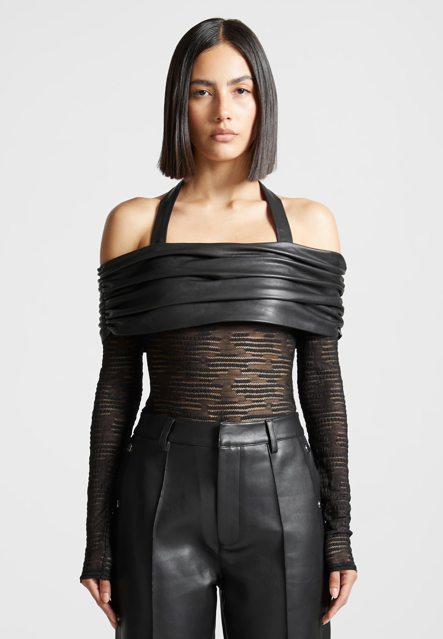 Mesh & Vegan Leather Bardot Bodysuit for Night Out | Manière De Voir