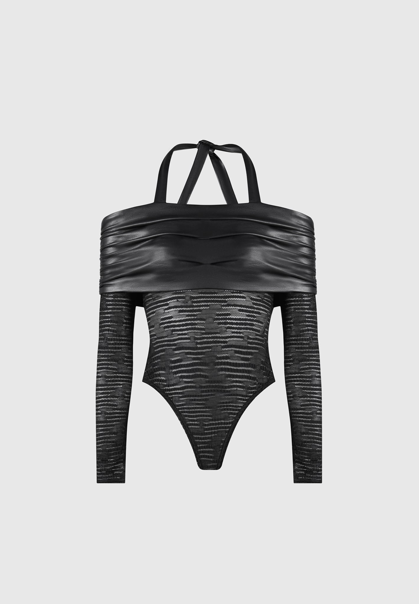 Mesh & Vegan Leather Bardot Bodysuit for Night Out | Manière De Voir