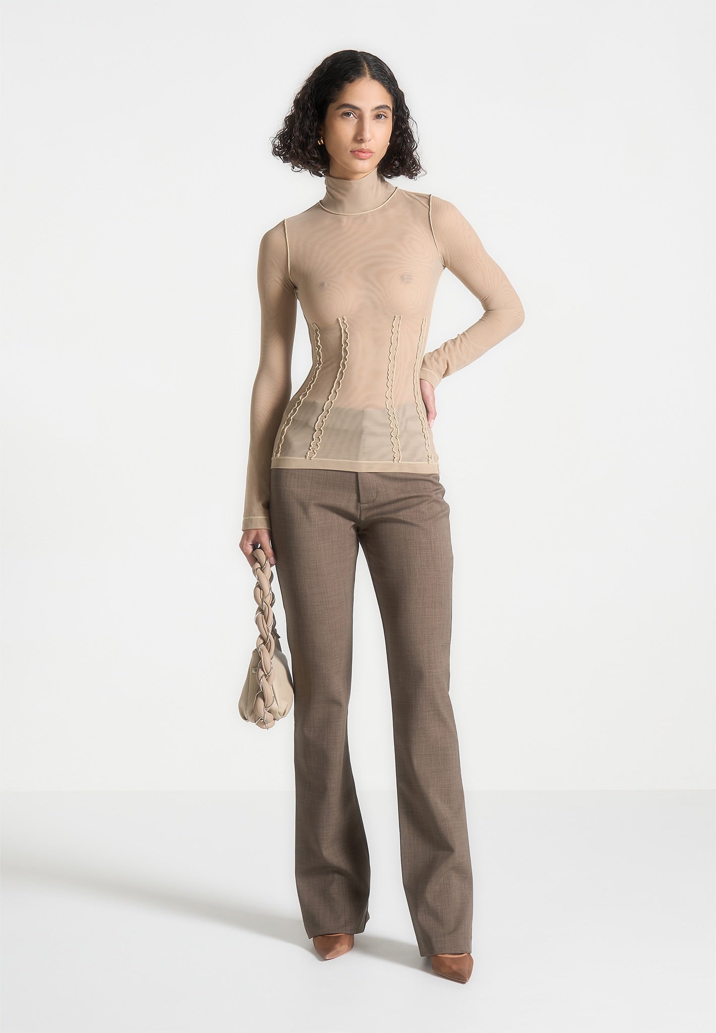Mesh Double Layer Long Sleeve Top with Ruched Detailing | Taupe