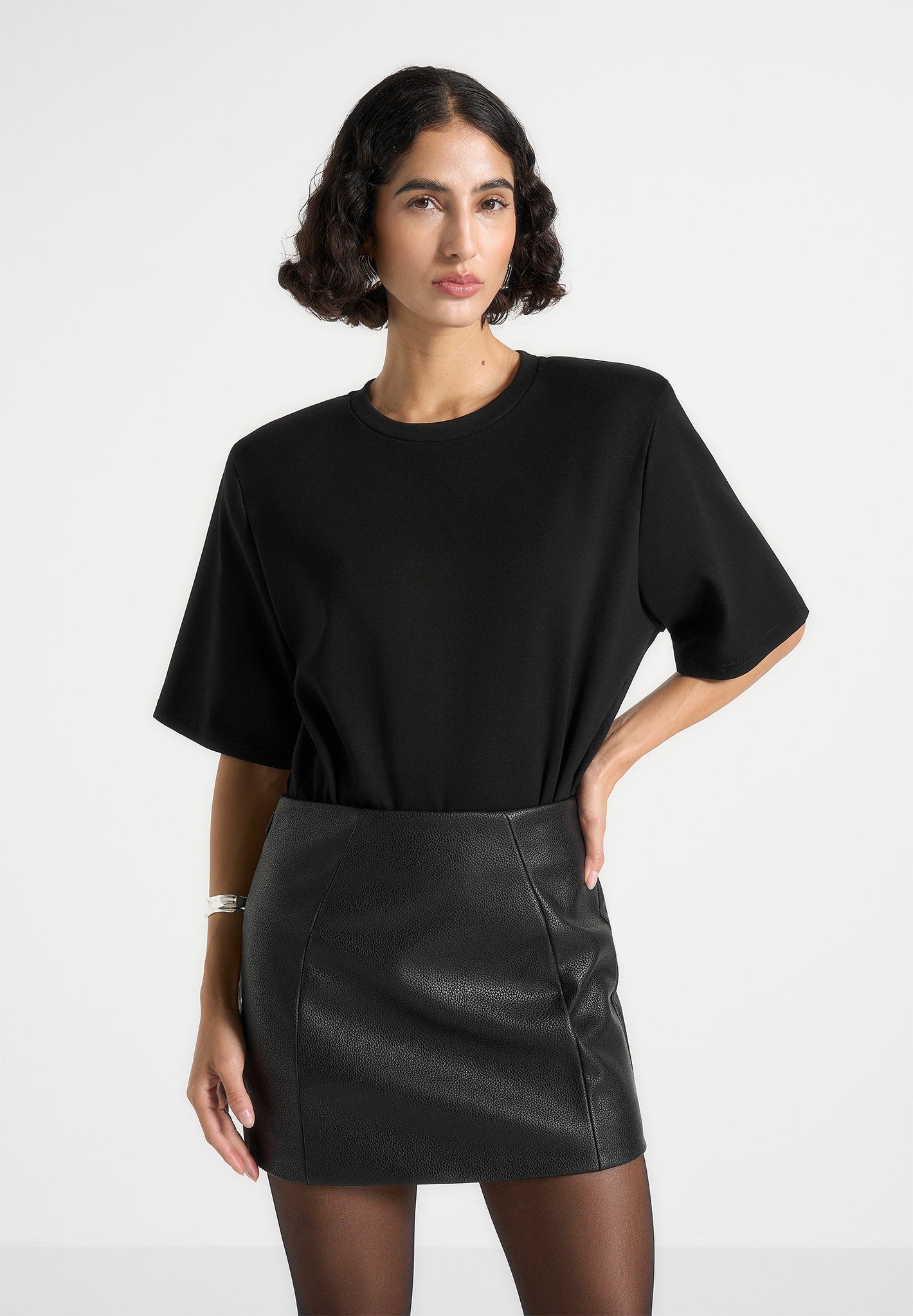 Wide Shoulder Bodysuit T-Shirt with Sculpting Pads | Mia - Black