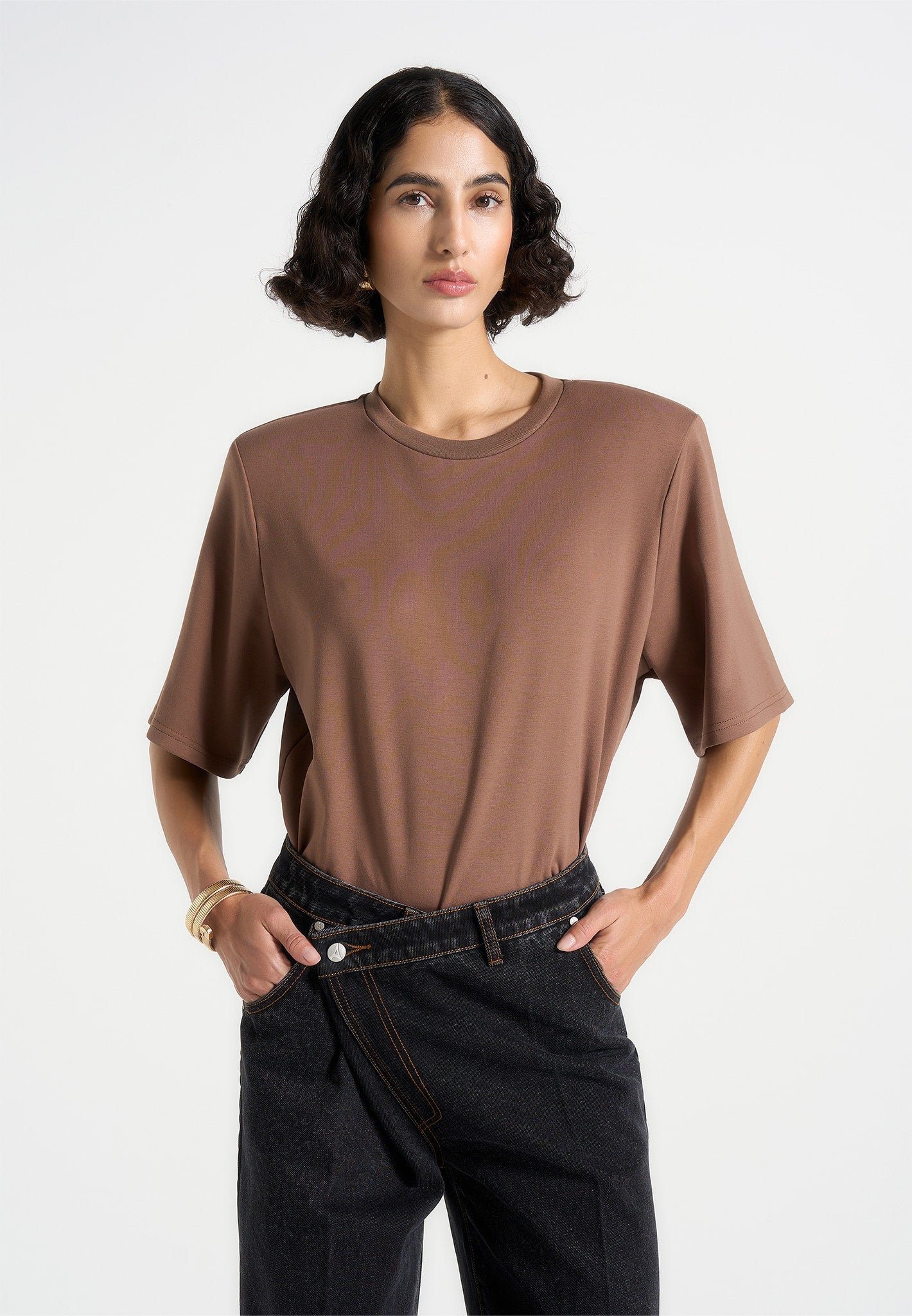 Wide Shoulder Bodysuit T-Shirt with Sculpting Pads | Mia Brown