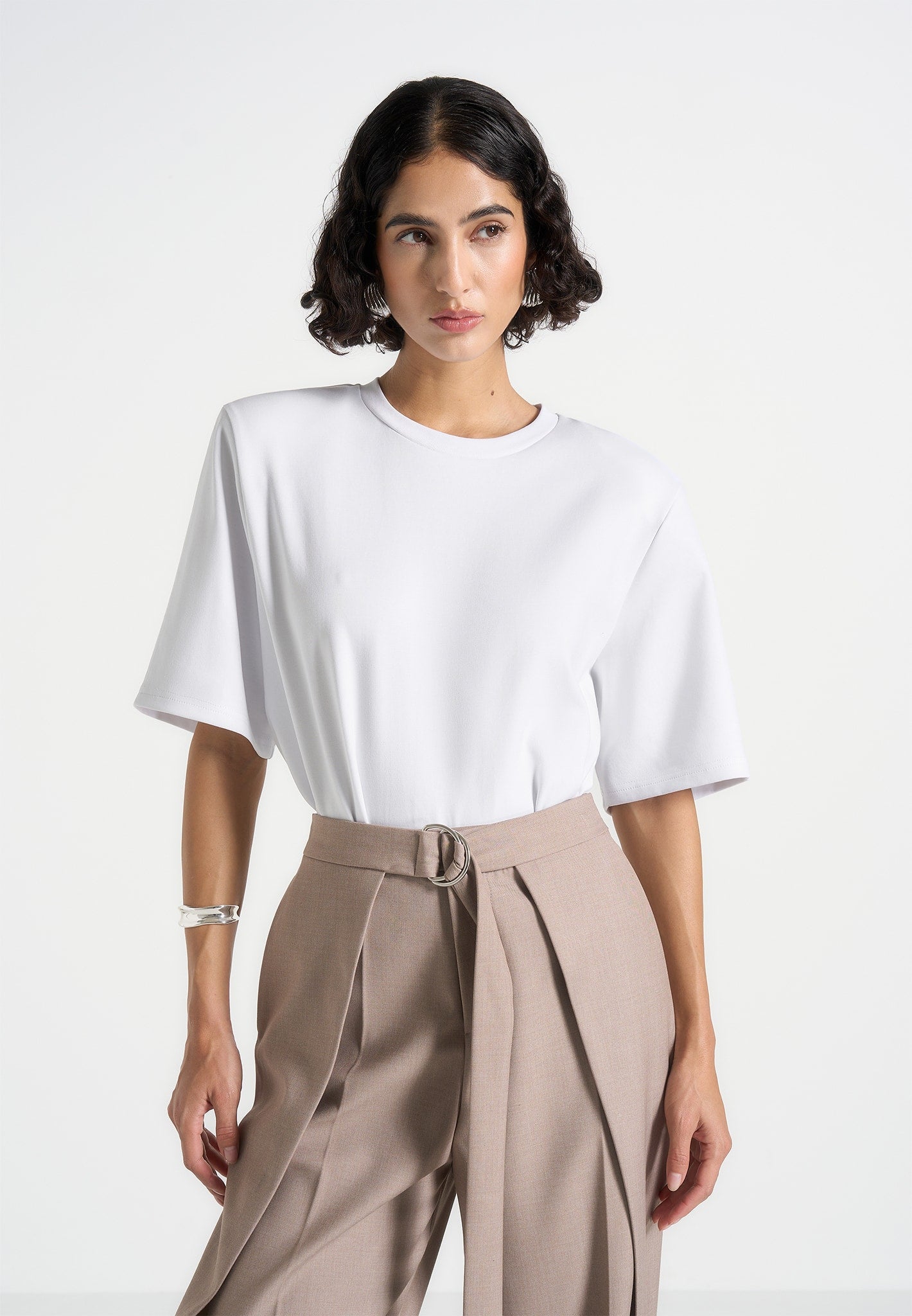 Wide Shoulder Bodysuit T-Shirt with Sculpting Pads | Mia White