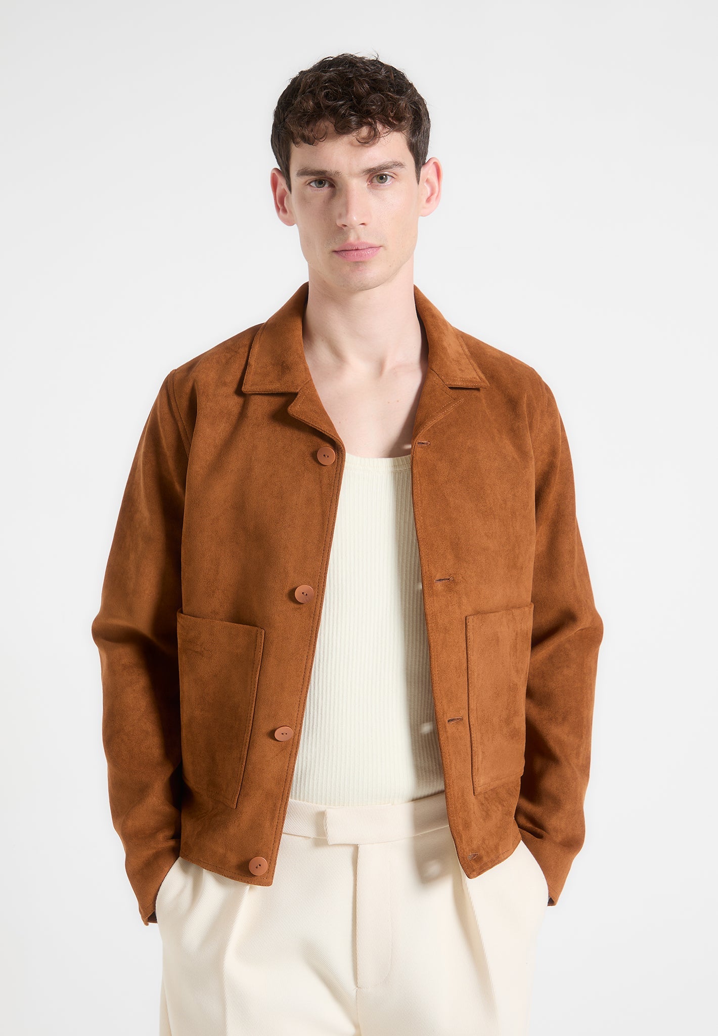 Vegan Suede Jacket with Revere Collar & Patch Pockets | Michel