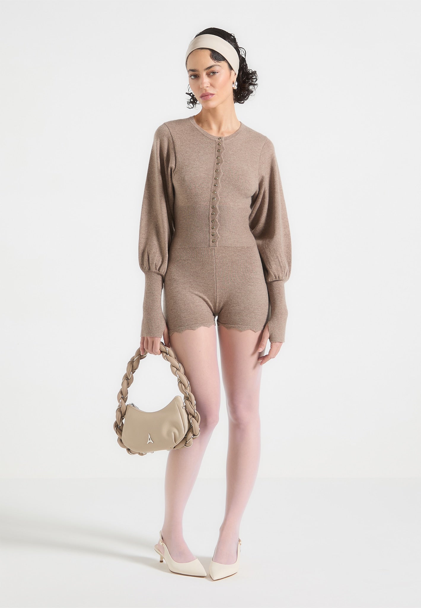Knitted Scallop Hem Playsuit with Balloon Sleeves | Michele