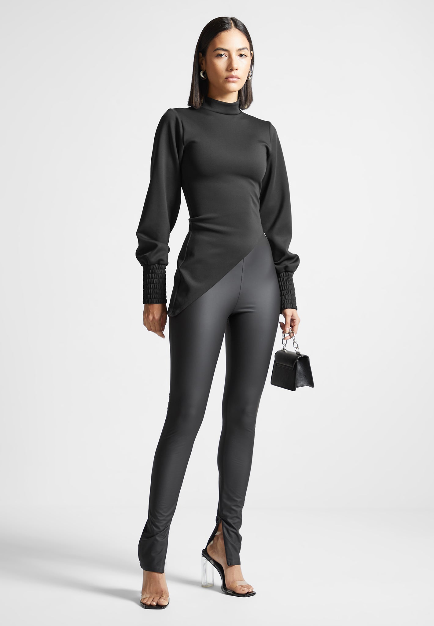 Mock Neck Asymmetric Long Sleeve Top with Zip | Black