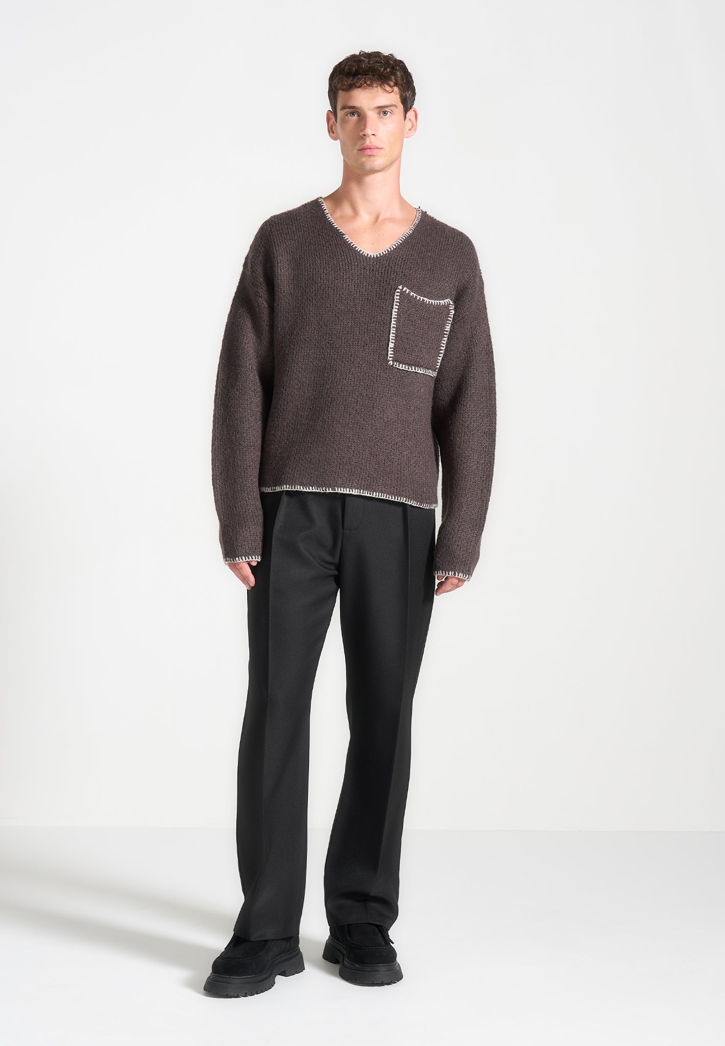 Mohair Knit V-Neck Jumper with Whipstitch Detail | Manière De Voir