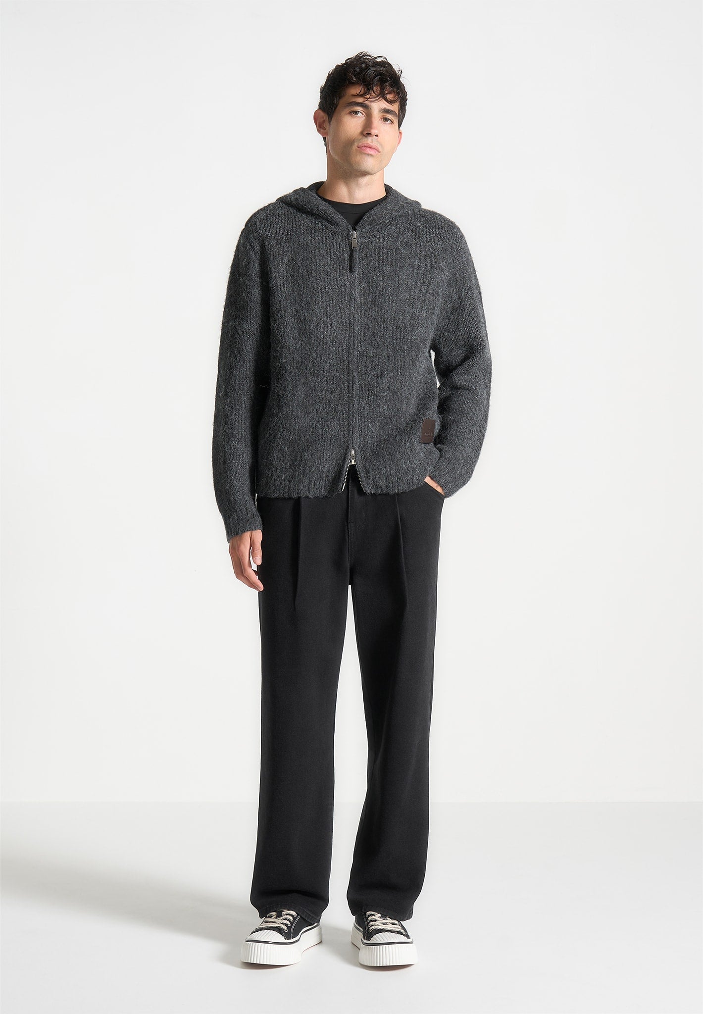 Mohair-Blend Zip Hoodie for Men | Charcoal Grey & Silver Hardware