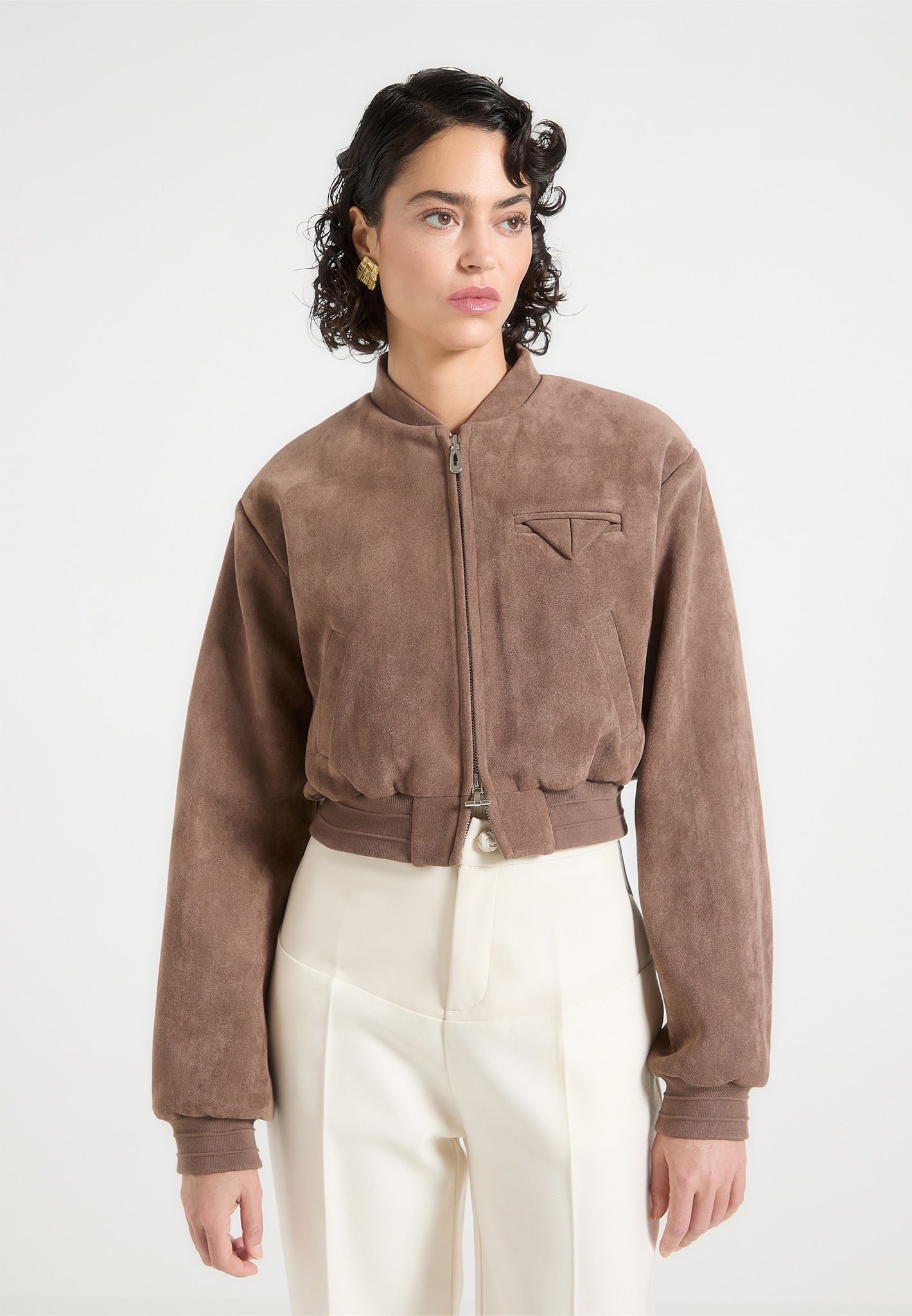 Vegan Suede Bomber Jacket with Wide Shoulders & Elastic Hem | Monique