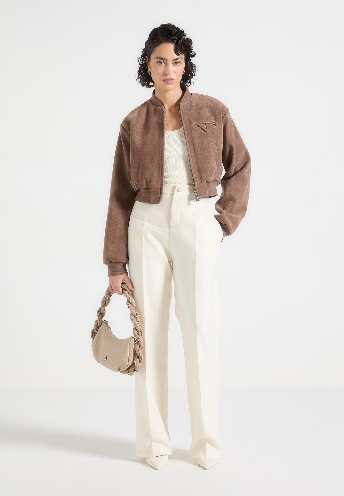 Vegan Suede Bomber Jacket with Wide Shoulders & Elastic Hem | Monique