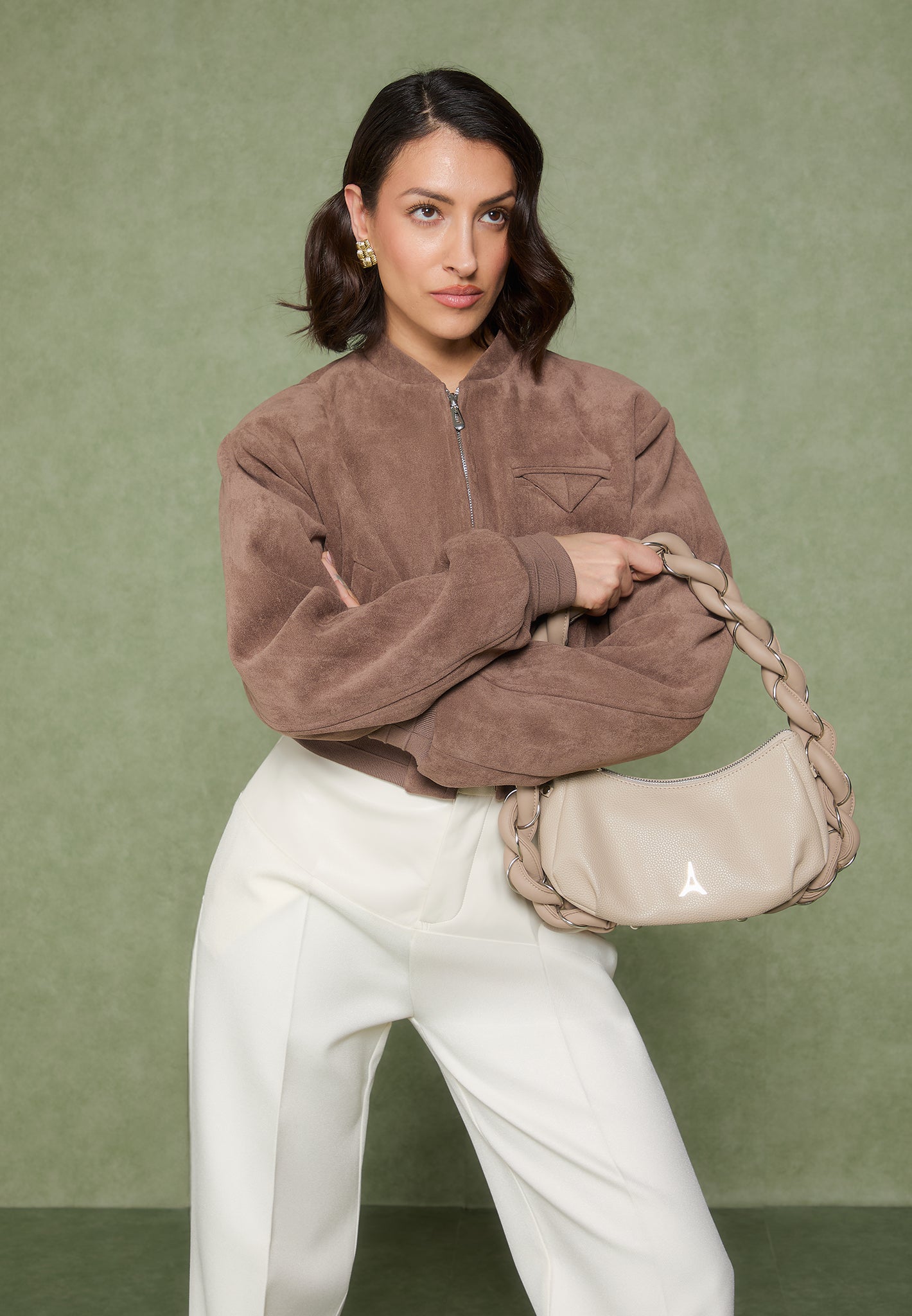 Vegan Suede Bomber Jacket with Wide Shoulders & Elastic Hem | Monique